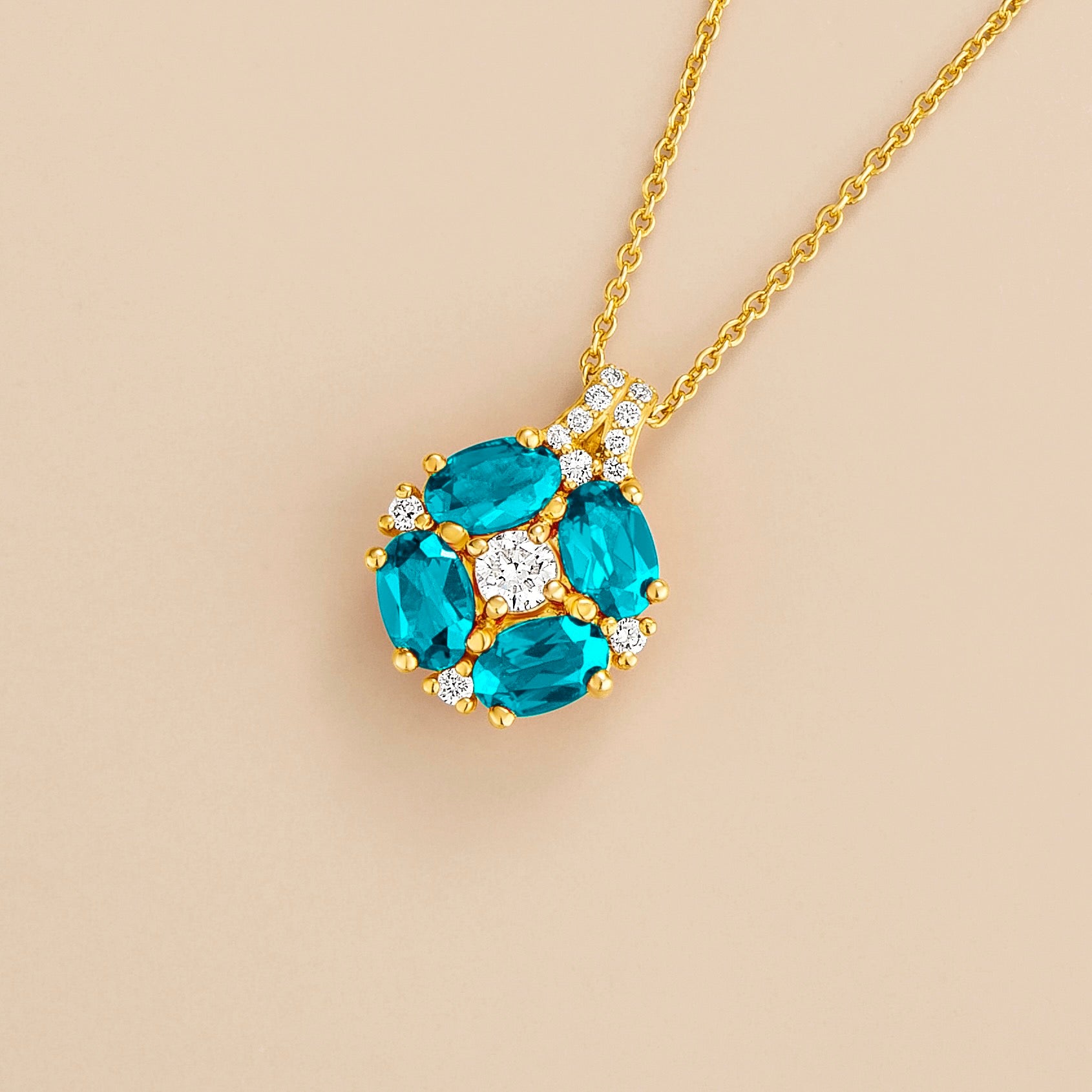 Pristi Oval Paraiba & Diamond Cluster Pendant in Gold