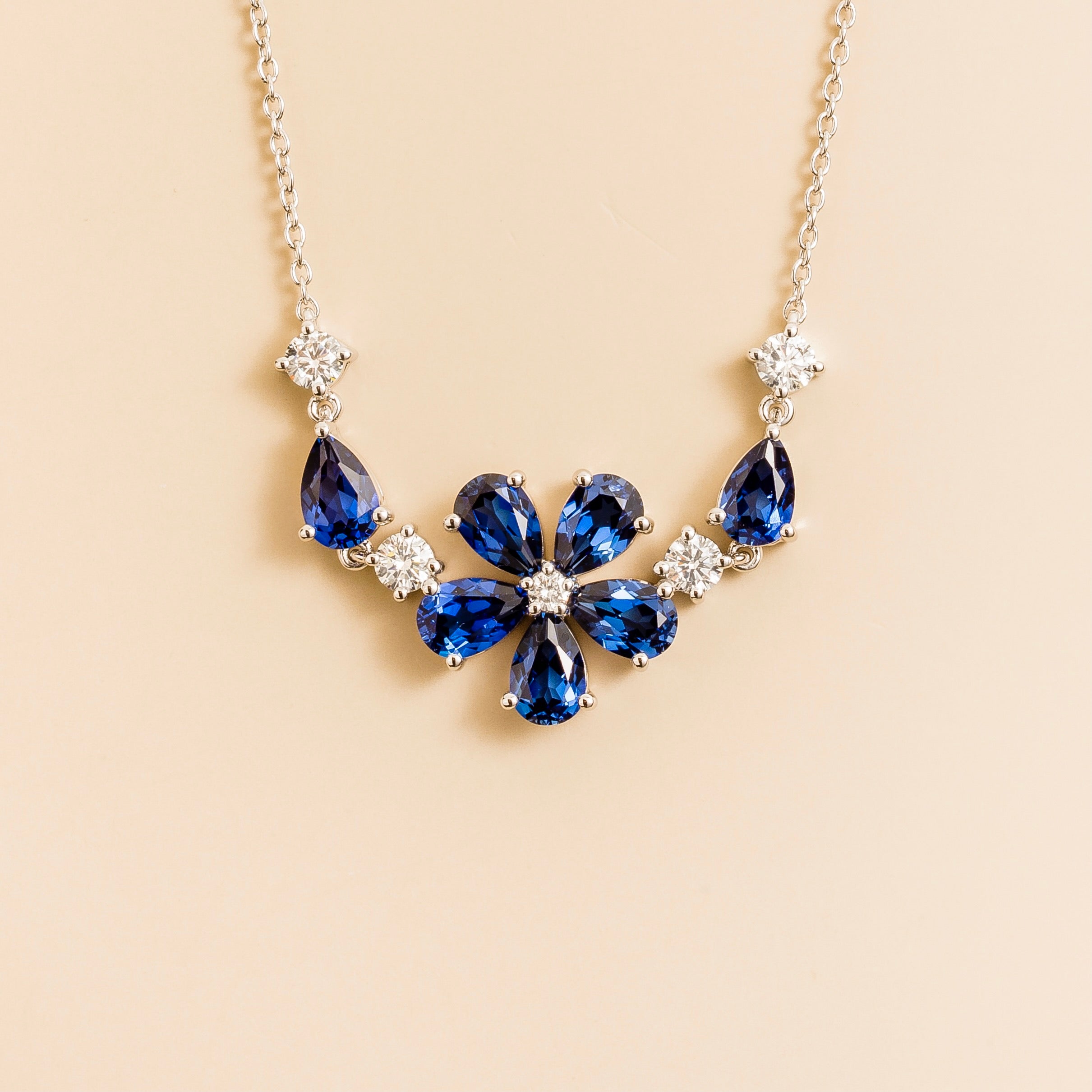 Florea Blue Sapphire & Diamond Flower Pendant Necklace in White Gold