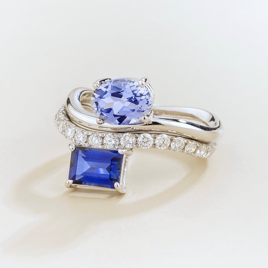 Luno Pastel Blue Sapphire Oval Solitaire Curved Band Ring in White Gold