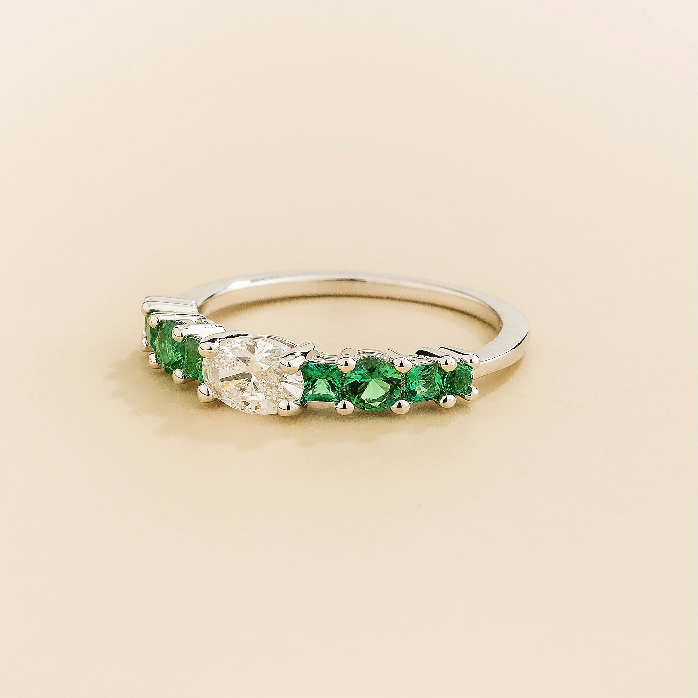 Petra Oval Diamond & Green Sapphire Band Ring in White Gold