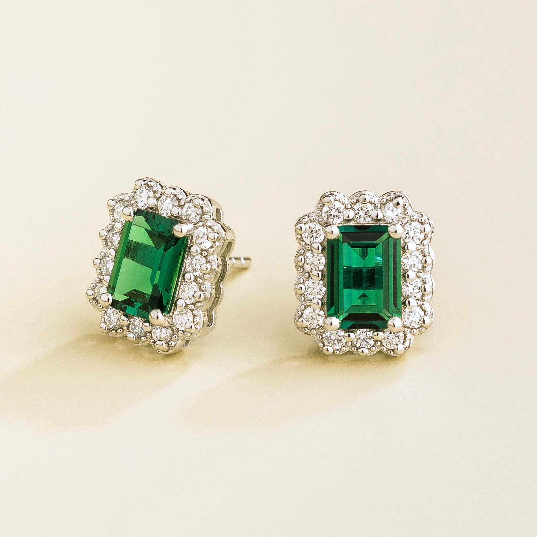Verda Emerald Emerald-Cut & Diamond Halo Stud Earrings in White Gold