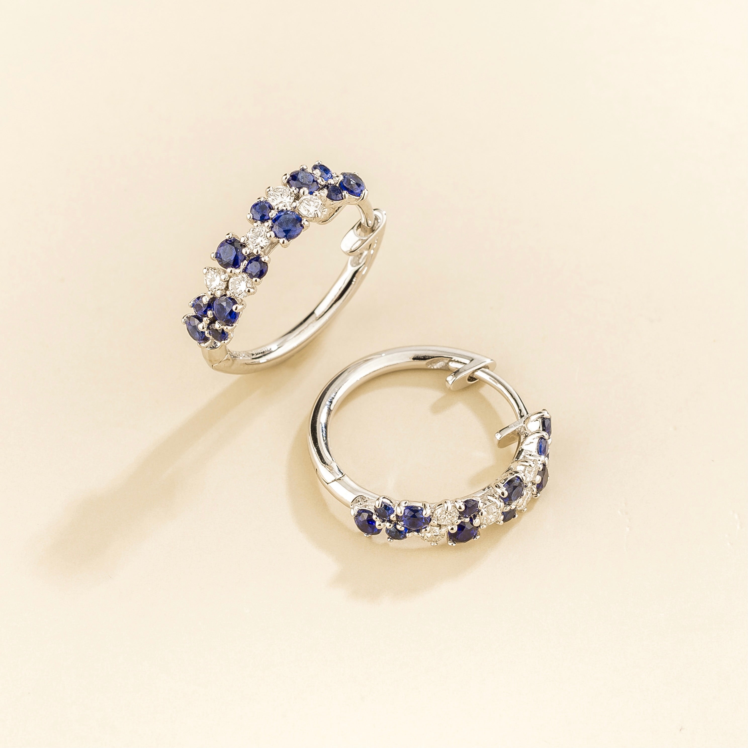 Starry Blue Sapphire & Diamond Cluster Huggie Hoop Earrings in White Gold
