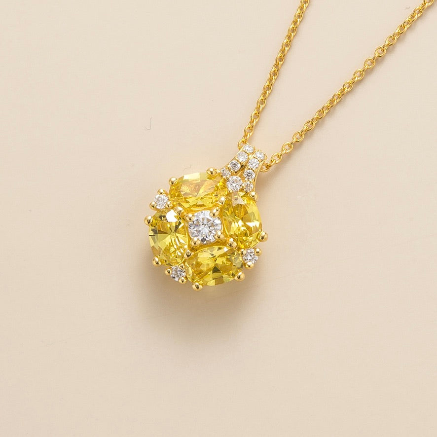 Pristi Oval Yellow Sapphire & Diamond Cluster Pendant in Gold