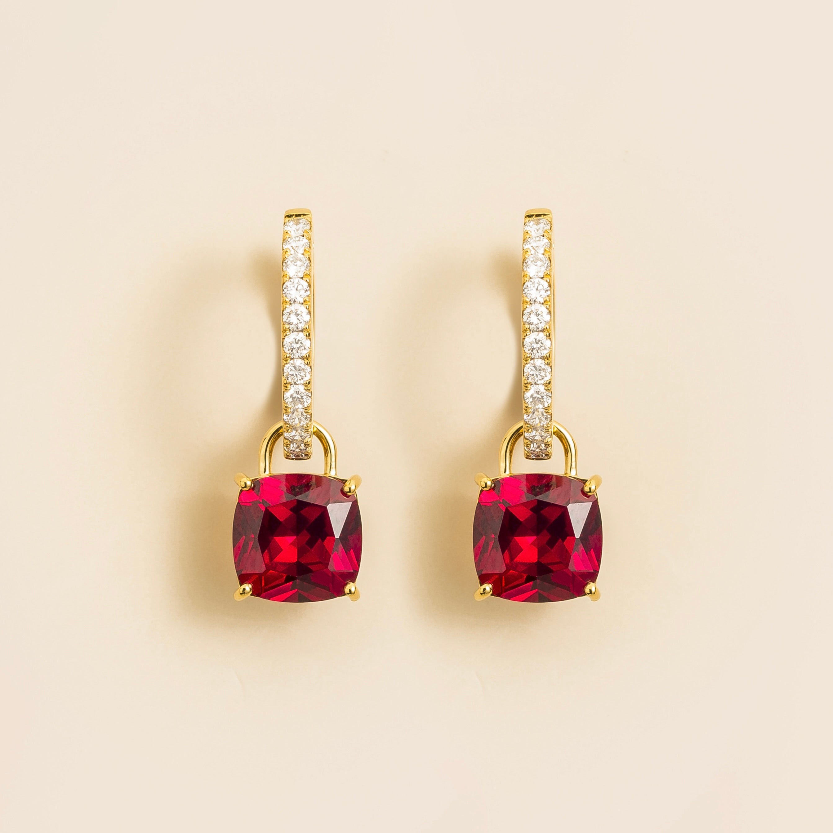 Cushion-cut lab-grown ruby and diamond hoop drop earrings, Roue design in gold | Juvetti London