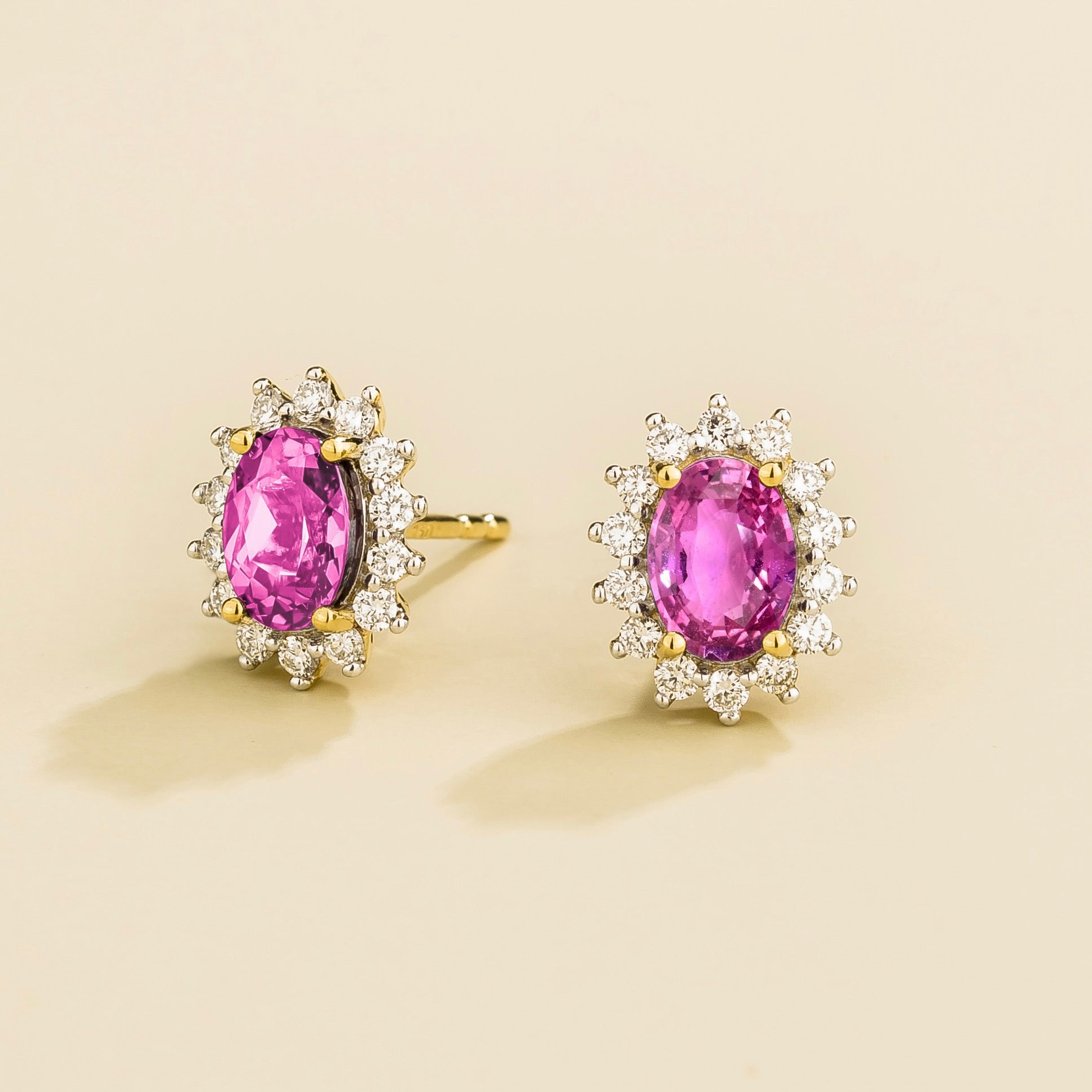 Divo Oval Pink Sapphire & Diamond Halo Gold Earrings