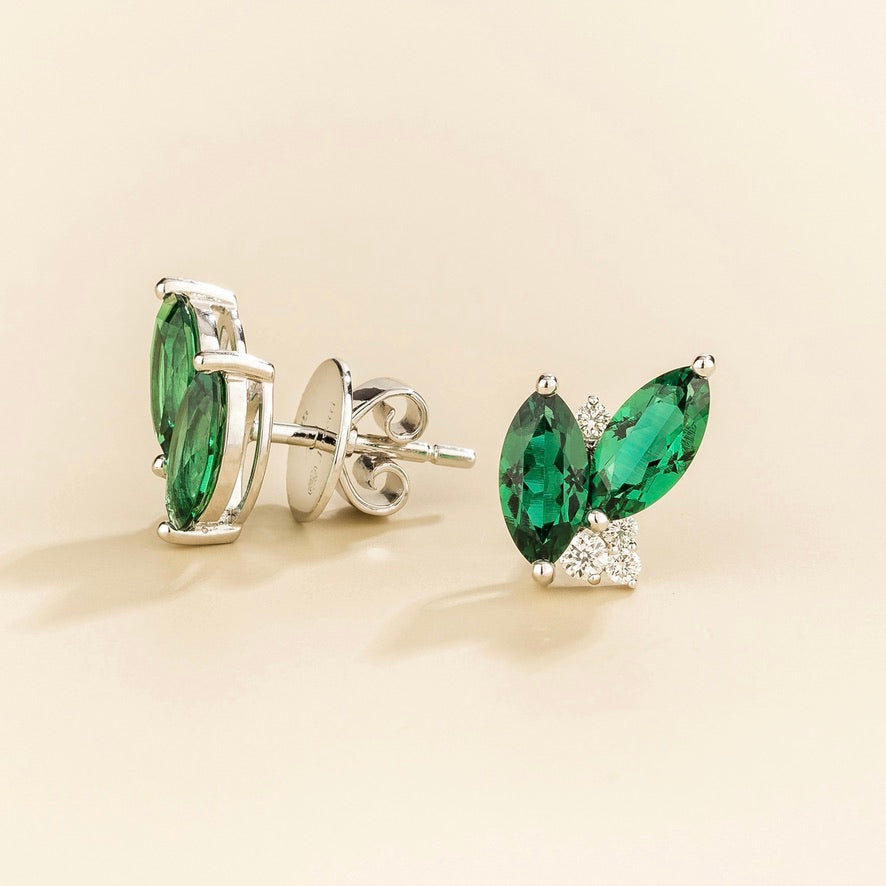 Vento Marquise Emerald & Diamond Cluster Stud Earrings in White Gold