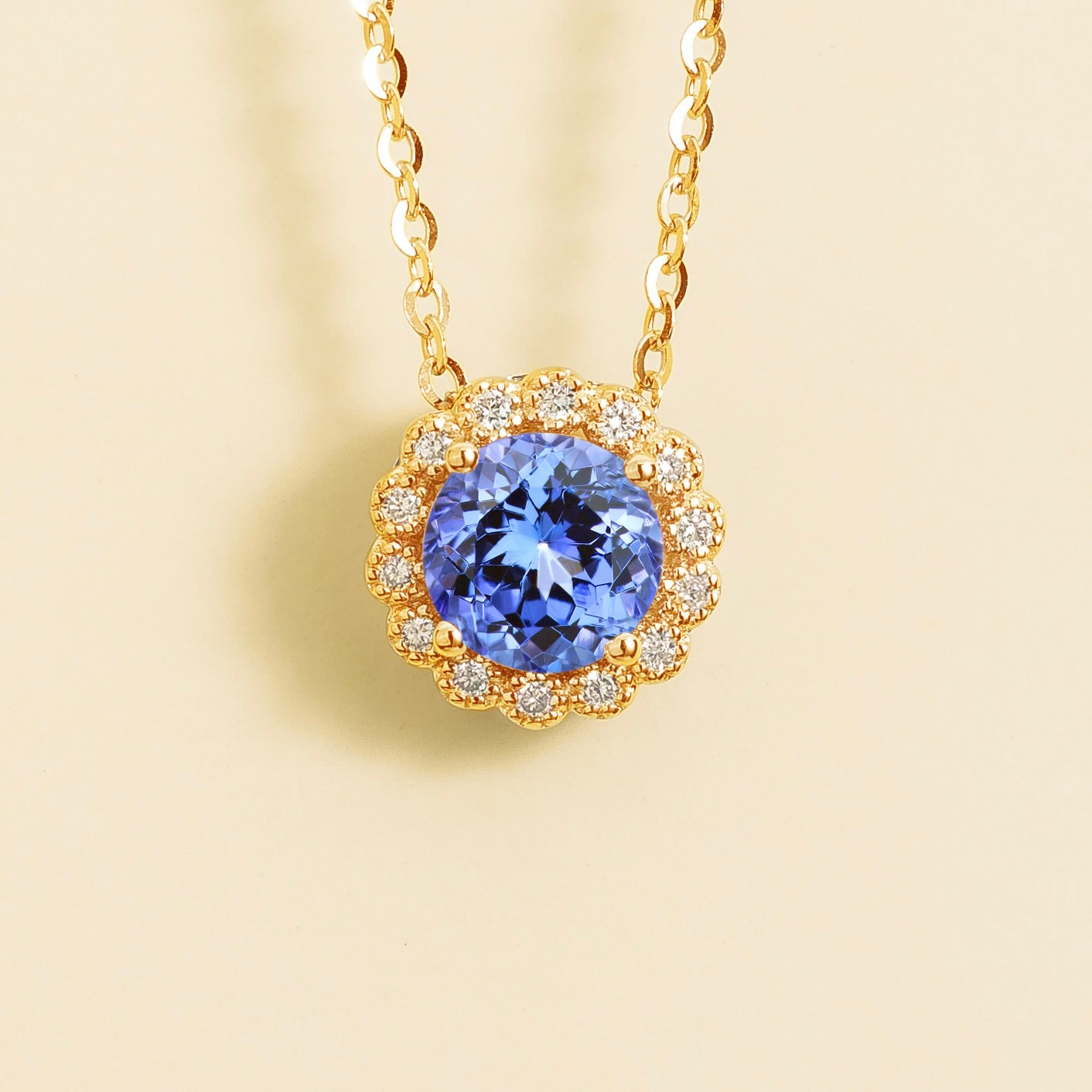 Solen Pastel Blue Sapphire Round & Diamond Halo Pendant Necklace in Gold