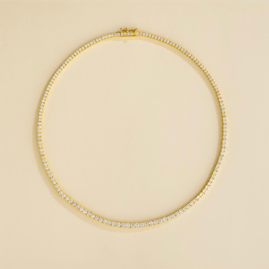 Round lab-grown white sapphire tennis necklace, Ciclo design in gold | Juvetti London