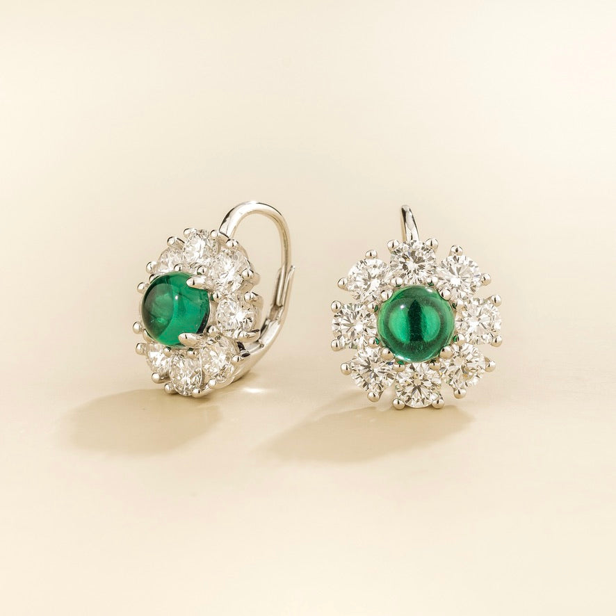 Lisa Round Cabochon Emerald Halo Leverback Earrings in White Gold