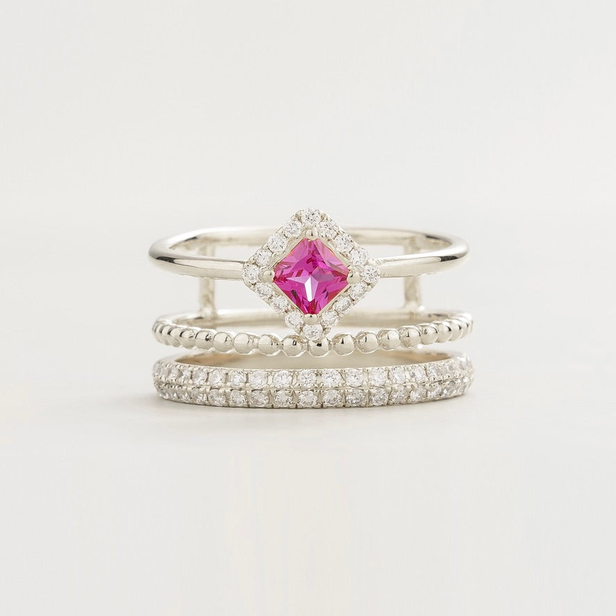 Princess-cut lab-grown pink sapphire stacking ring with diamond pavé in white gold | Juvetti London