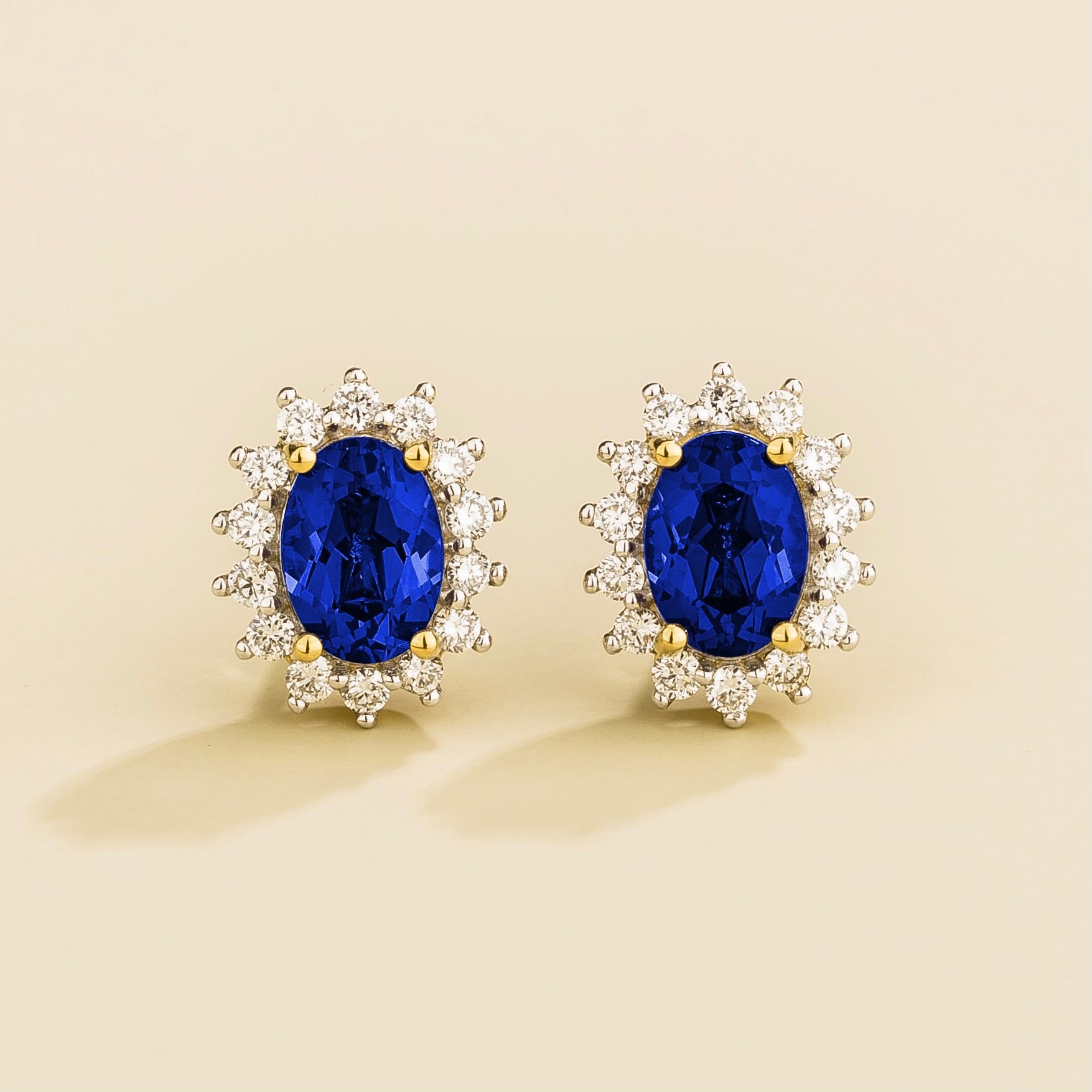 Divo Oval Blue Sapphire & Diamond Halo Gold Earrings