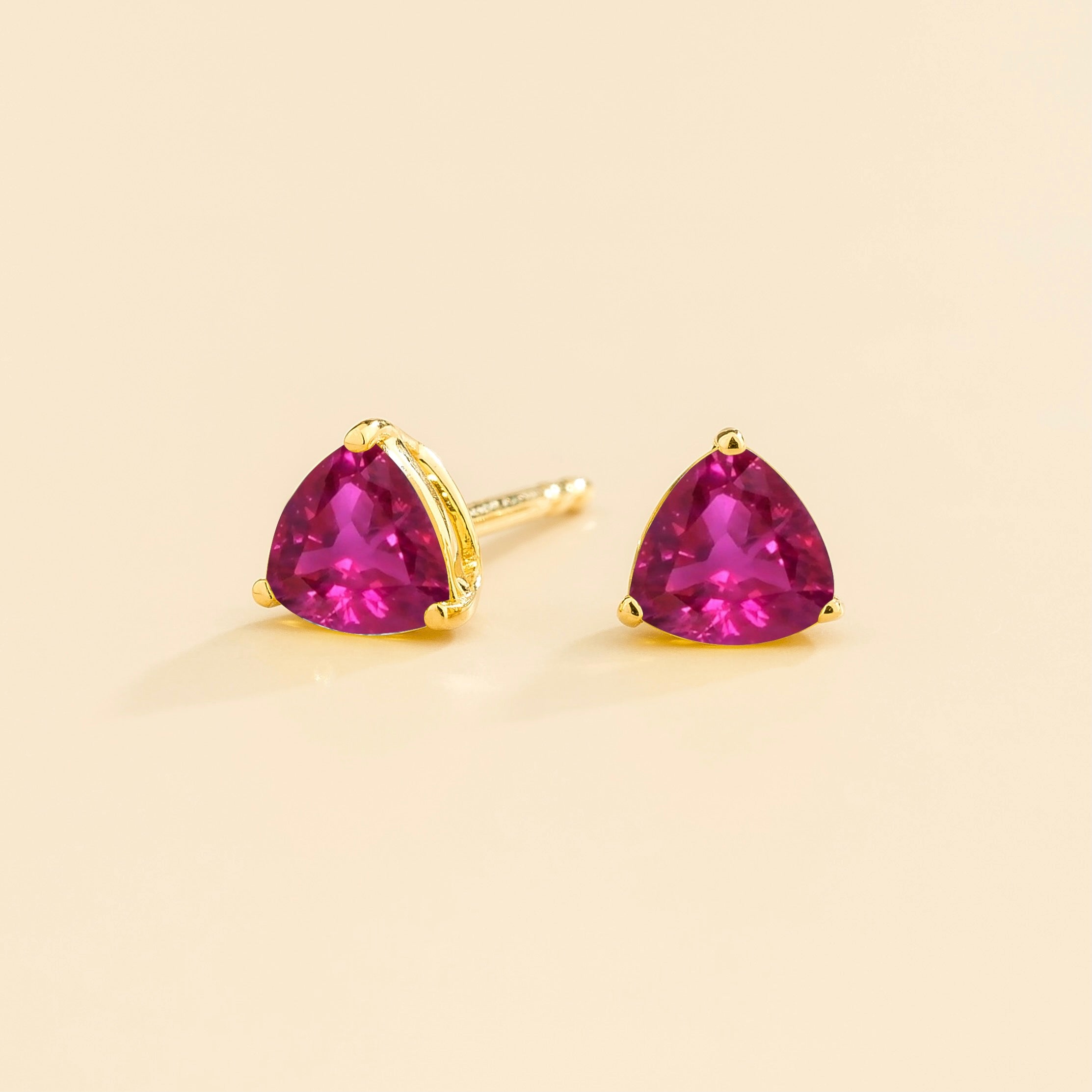 Trillion Vivid Pink Sapphire Solitaire Stud Earrings in Gold