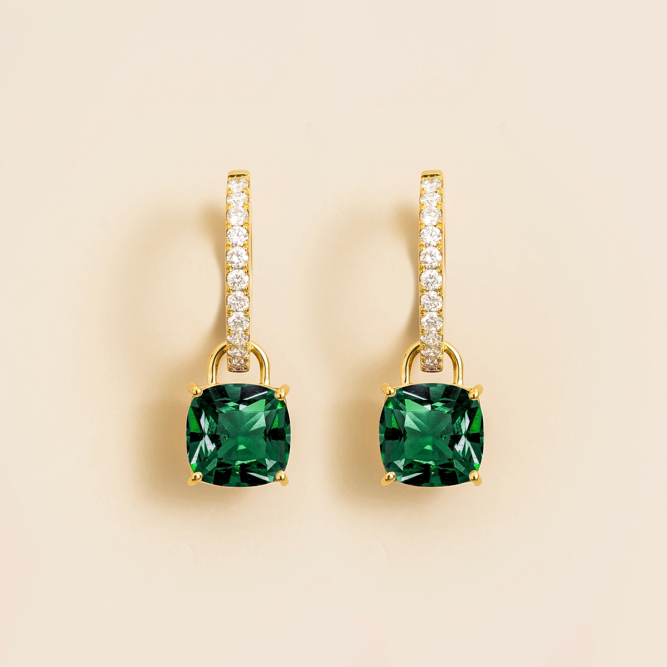 Oreol Emerald Cushion Cut & Diamond Hoop Drop Earrings in Gold