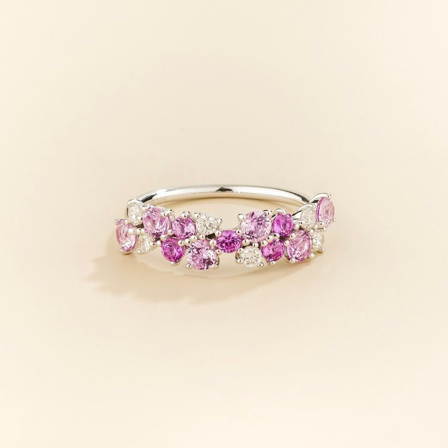Starry Pink Sapphire & Diamond Cluster Ring in White Gold