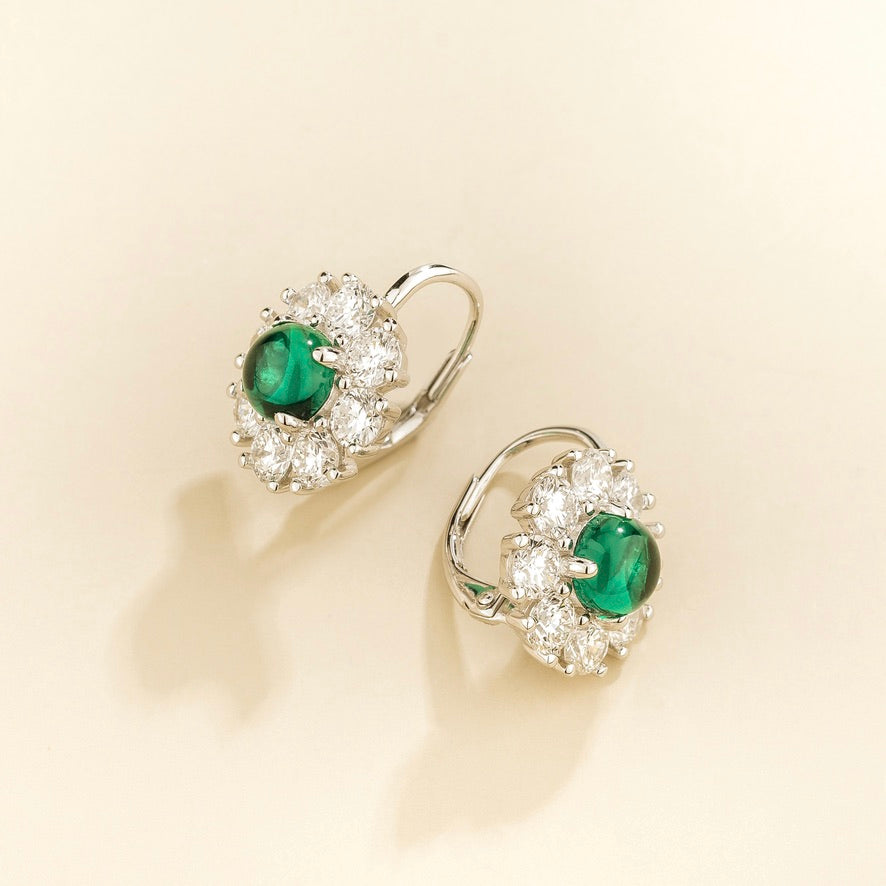 Lisa Round Cabochon Emerald Halo Leverback Earrings in White Gold