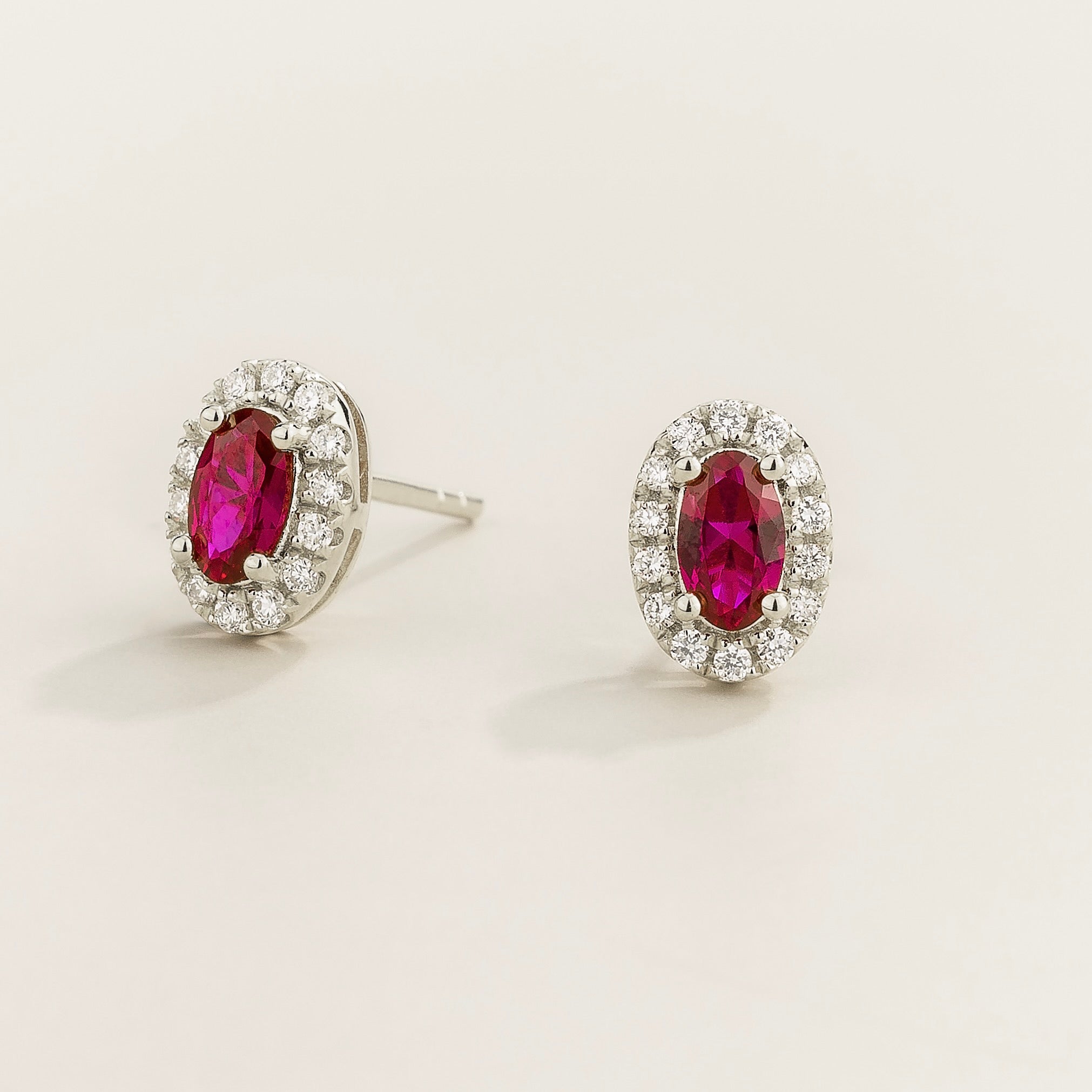Mina Oval Ruby & Diamond Halo Earrings In White Gold - Mini