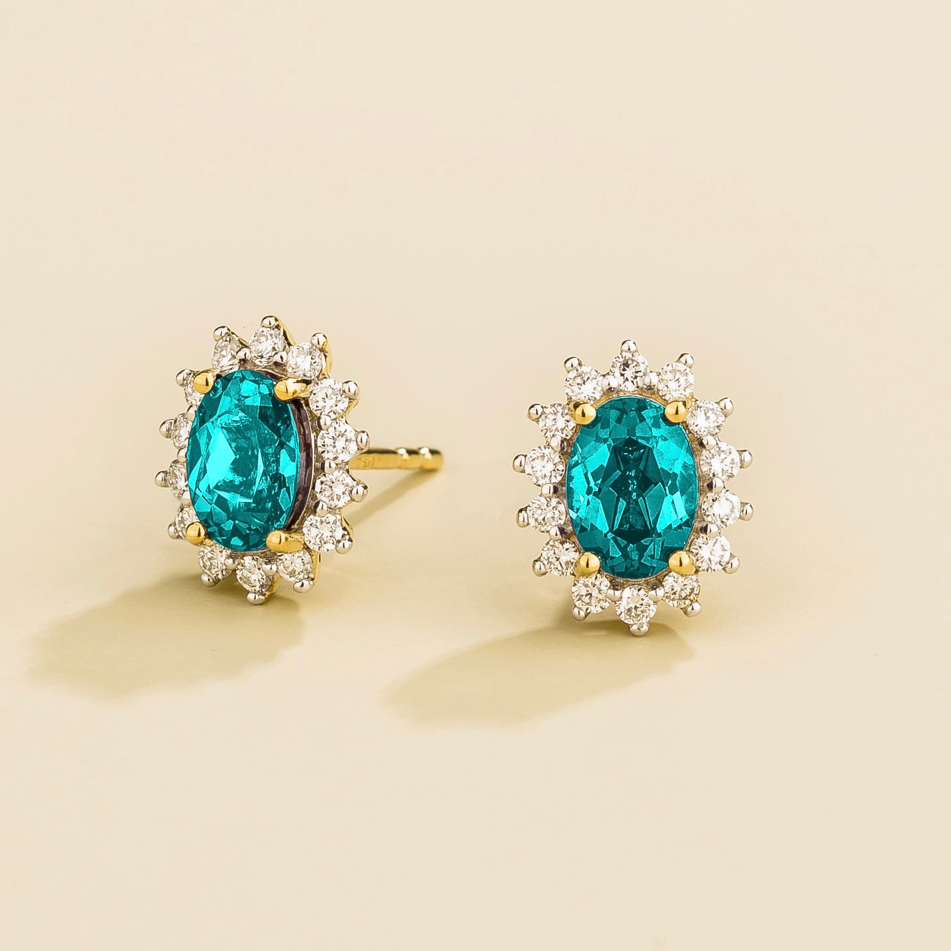 Divo Oval Paraiba & Diamond Halo Gold Earrings