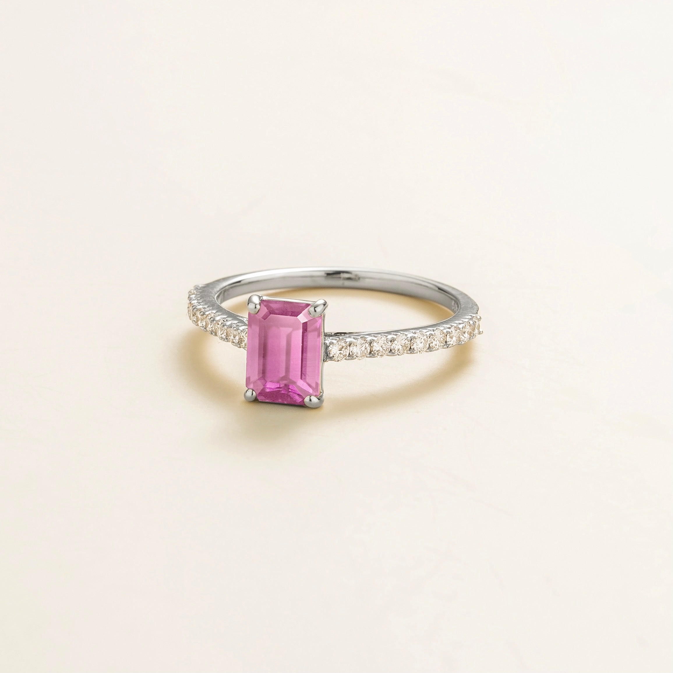 Chelle Pink Sapphire Emerald-Cut & Diamond Pavé Ring in White Gold