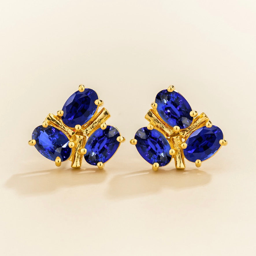 Ligna Oval Blue Sapphire Cluster Stud Earrings in Gold