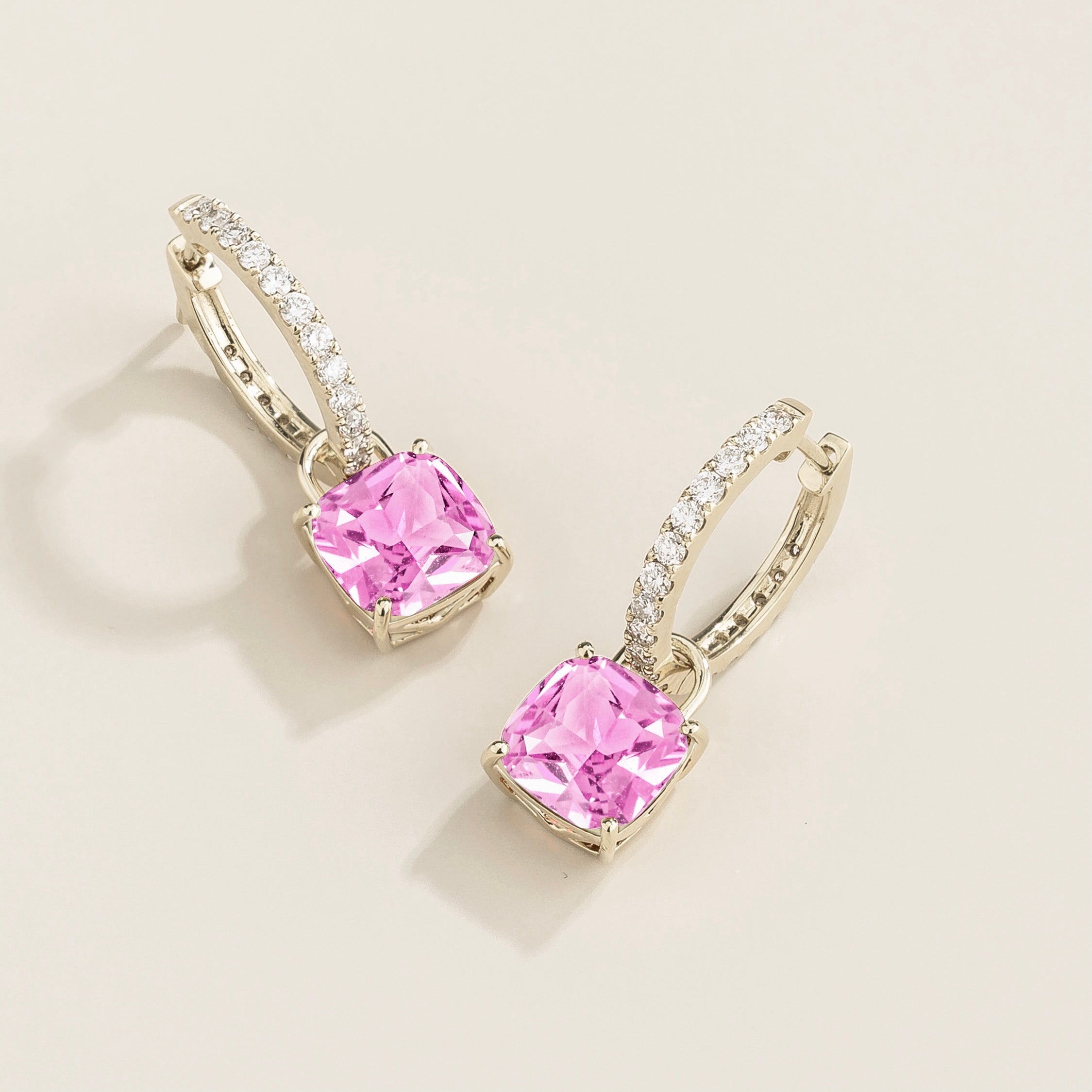 Oreol Pink Sapphire Cushion Cut & Diamond Hoop Drop Earrings in White Gold