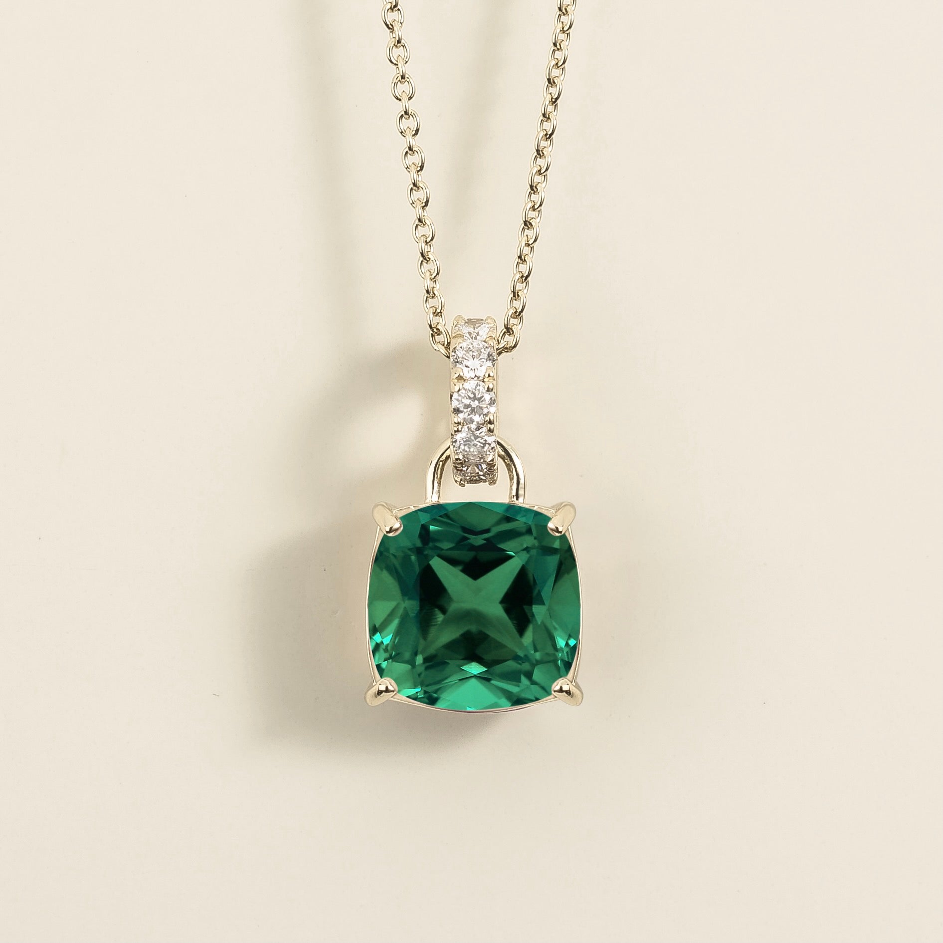 Oreol Emerald Cushion Cut & Diamond Hoop Pendant Necklace in White Gold