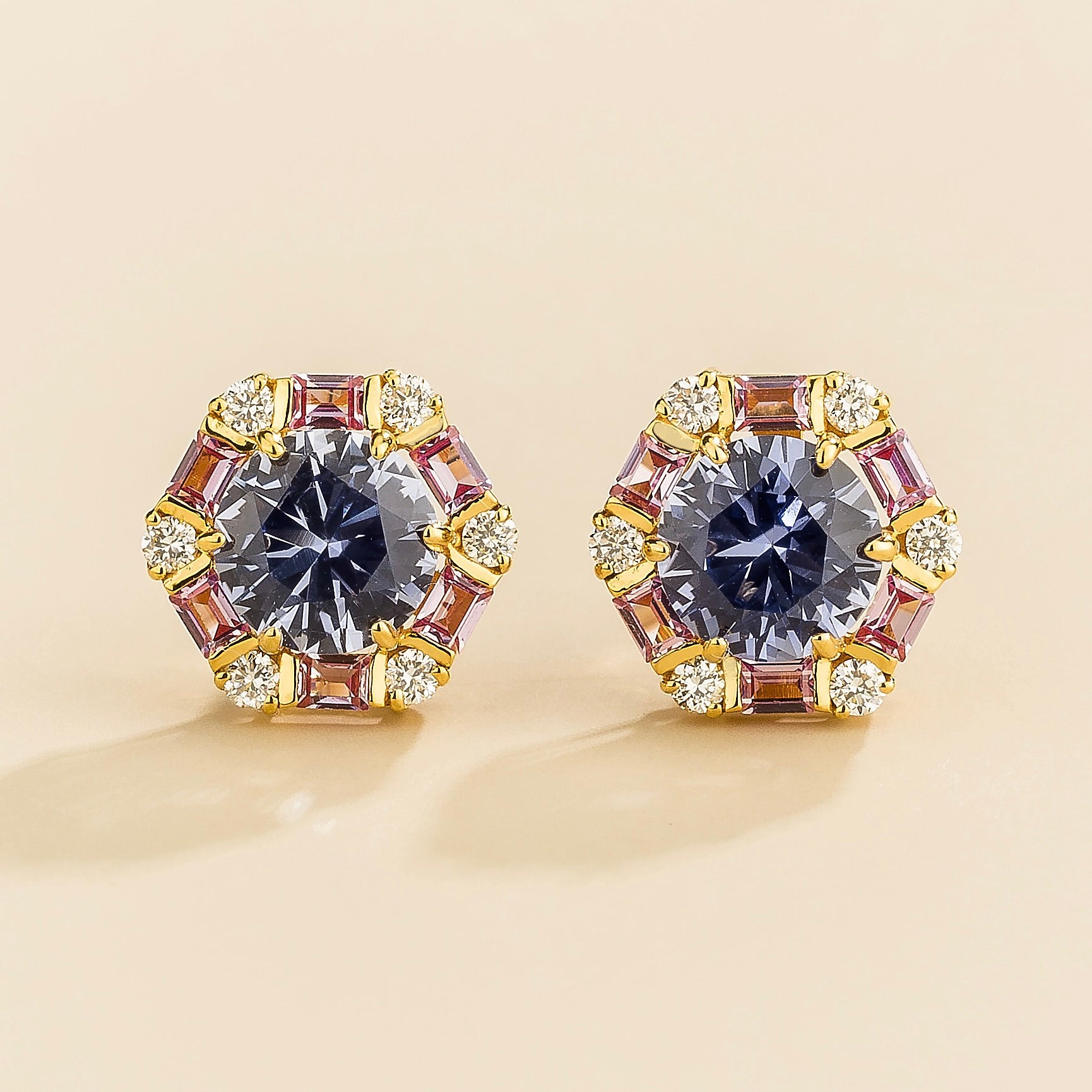 Melba Pastel Blue Sapphire, Pink Sapphire & Diamond Halo Hexagon Stud Earrings In Gold