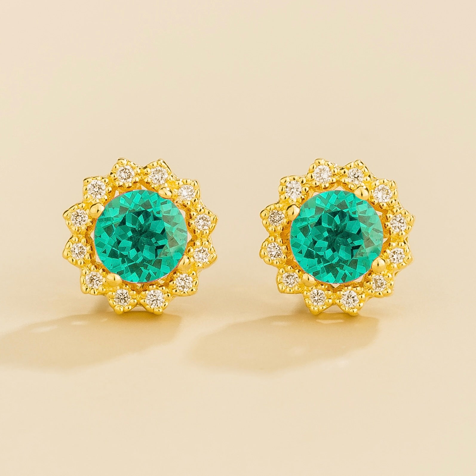 Solen Paraiba Round & Diamond Halo Stud Earrings in Gold