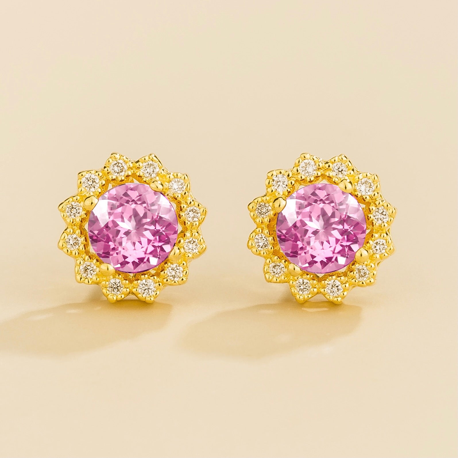 Solen Pastel Pink Sapphire Round & Diamond Halo Stud Earrings in Gold