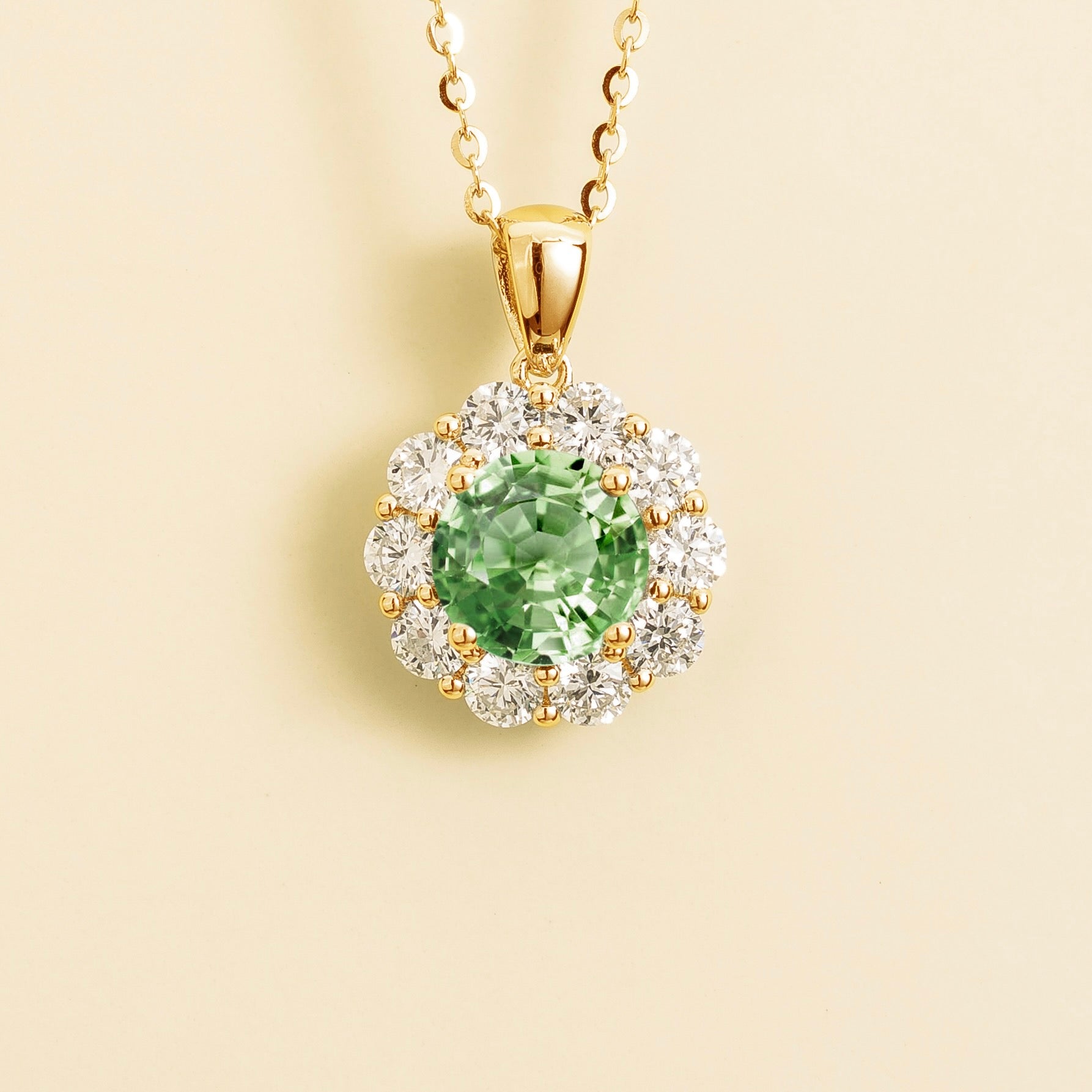 Floret Green Sapphire Round & Diamond Halo Pendant Necklace in Gold