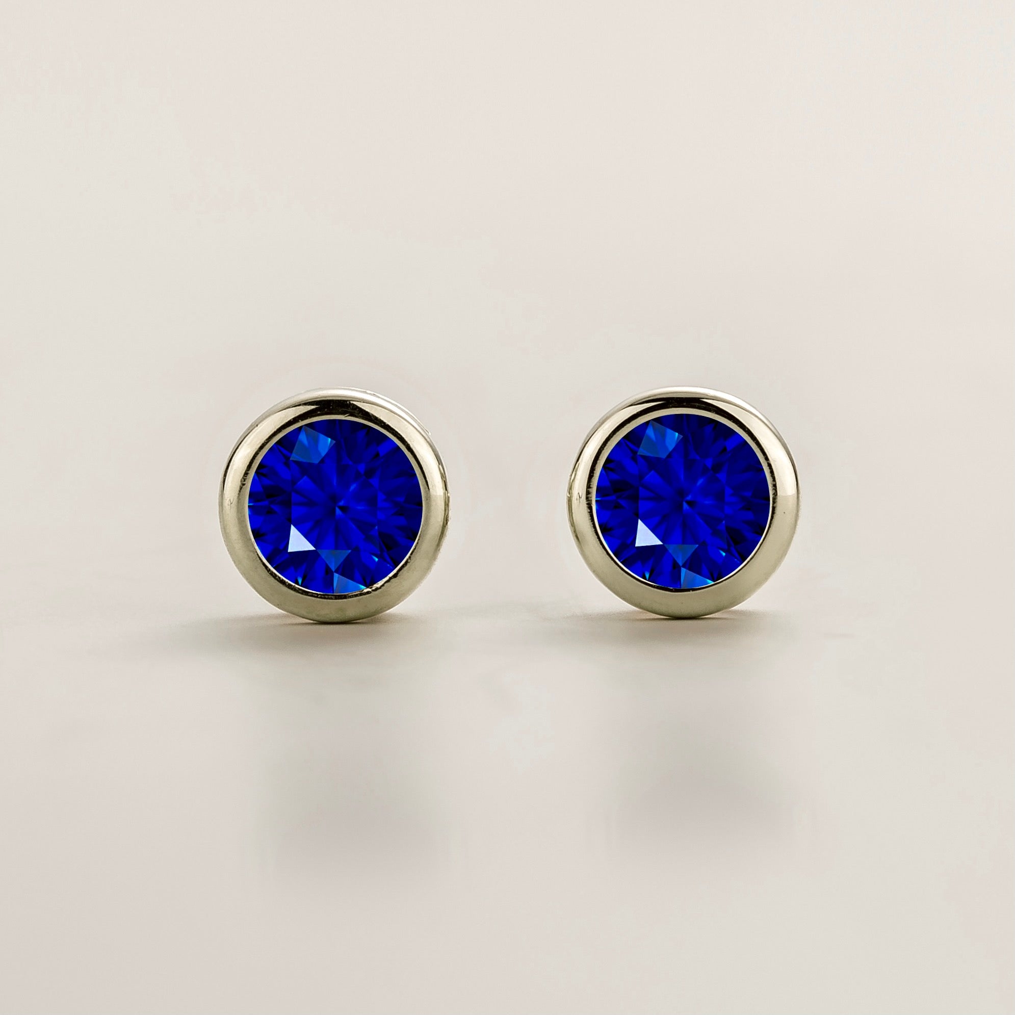 Margo Blue Sapphire Round Bazel Set White Gold Earrings