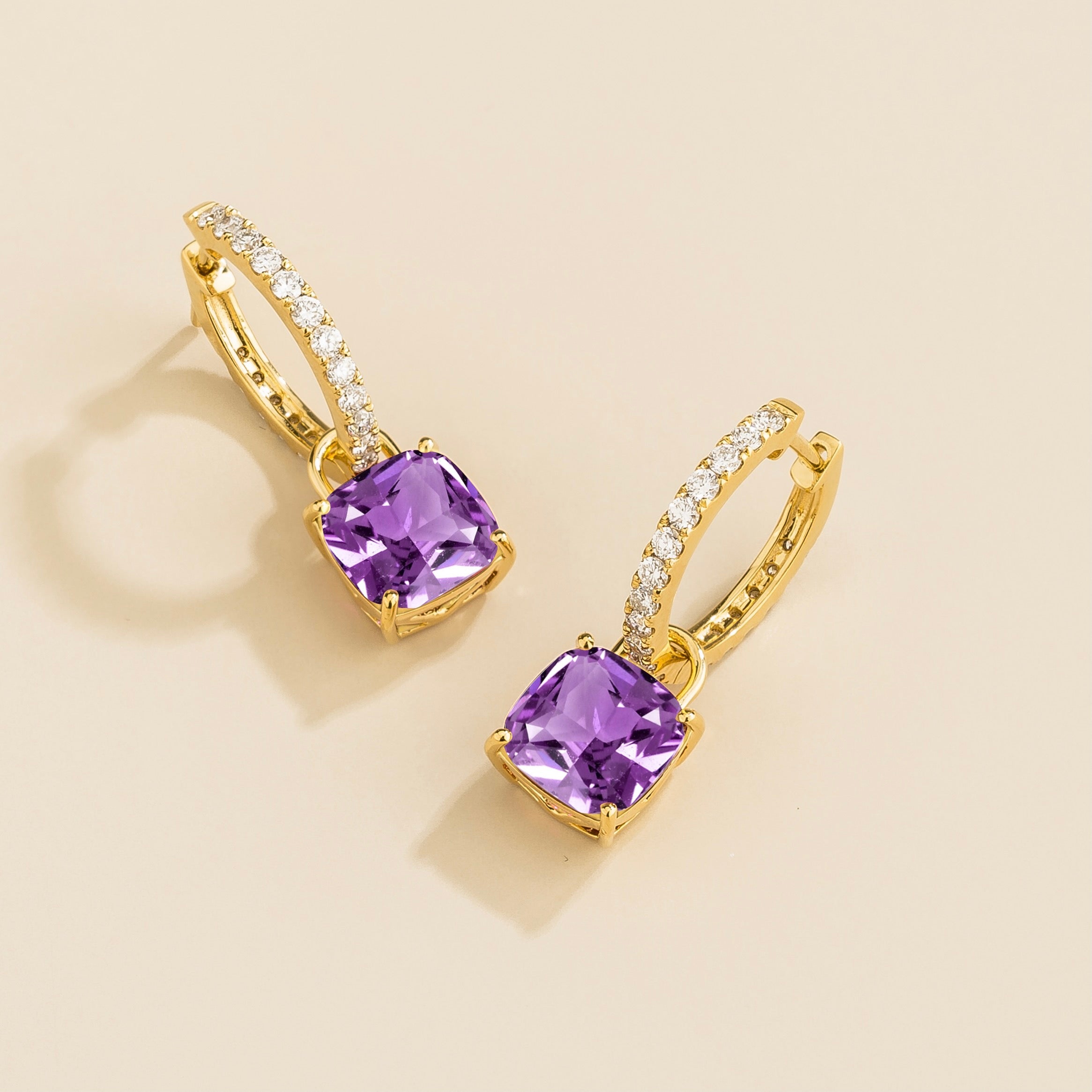 Oreol Purple Sapphire Cushion Cut & Diamond Hoop Drop Earrings in Gold