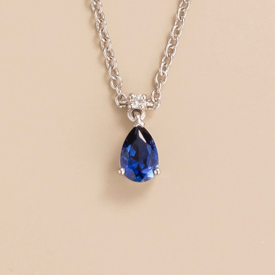 Pear-drop lab-grown blue sapphire and diamond pendant necklace, Pisa small design in white gold | Juvetti London