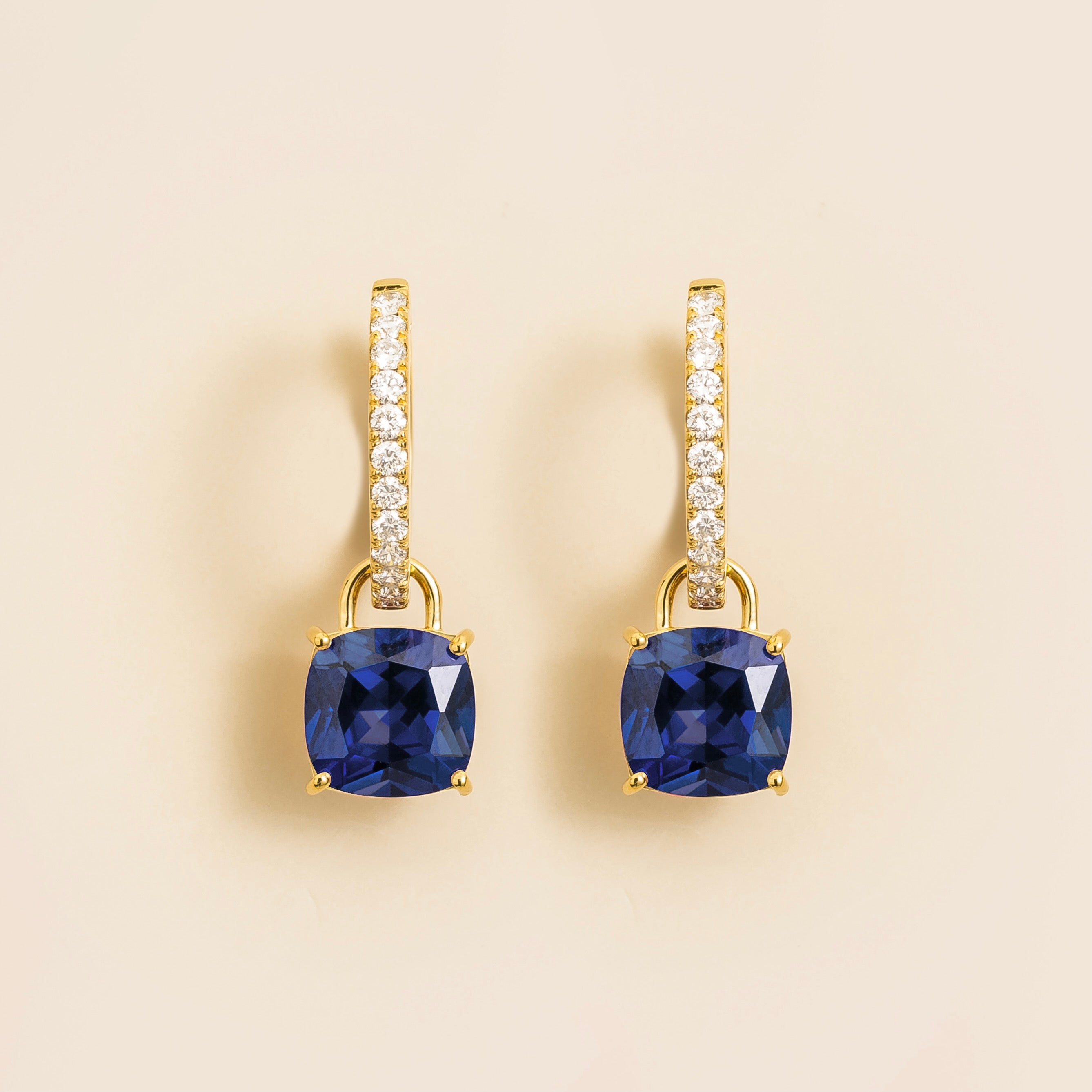 Oreol Blue Sapphire Cushion Cut & Diamond Hoop Drop Earrings in Gold