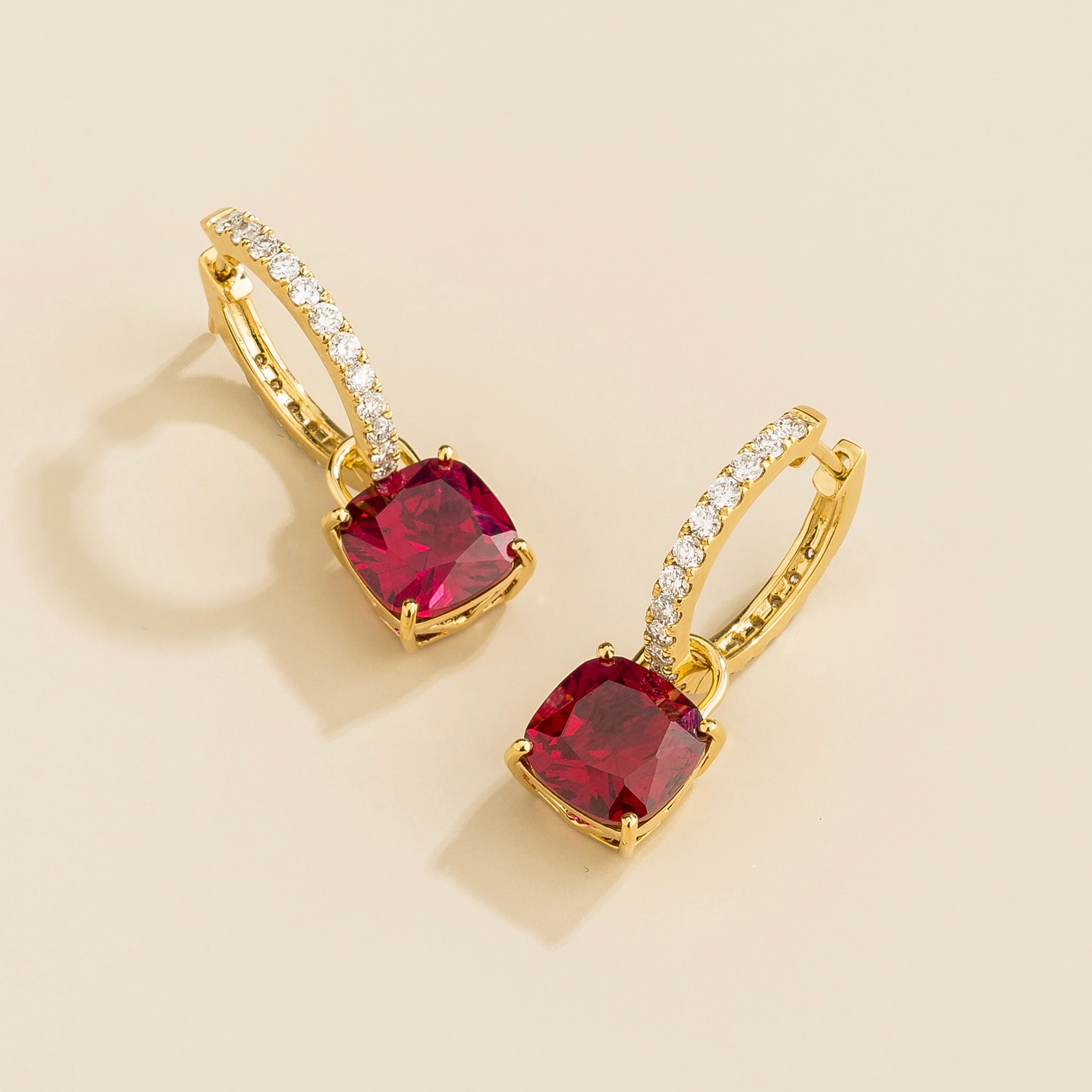 Roue Ruby Cushion Cut & Diamond Hoop Drop Earrings in Gold