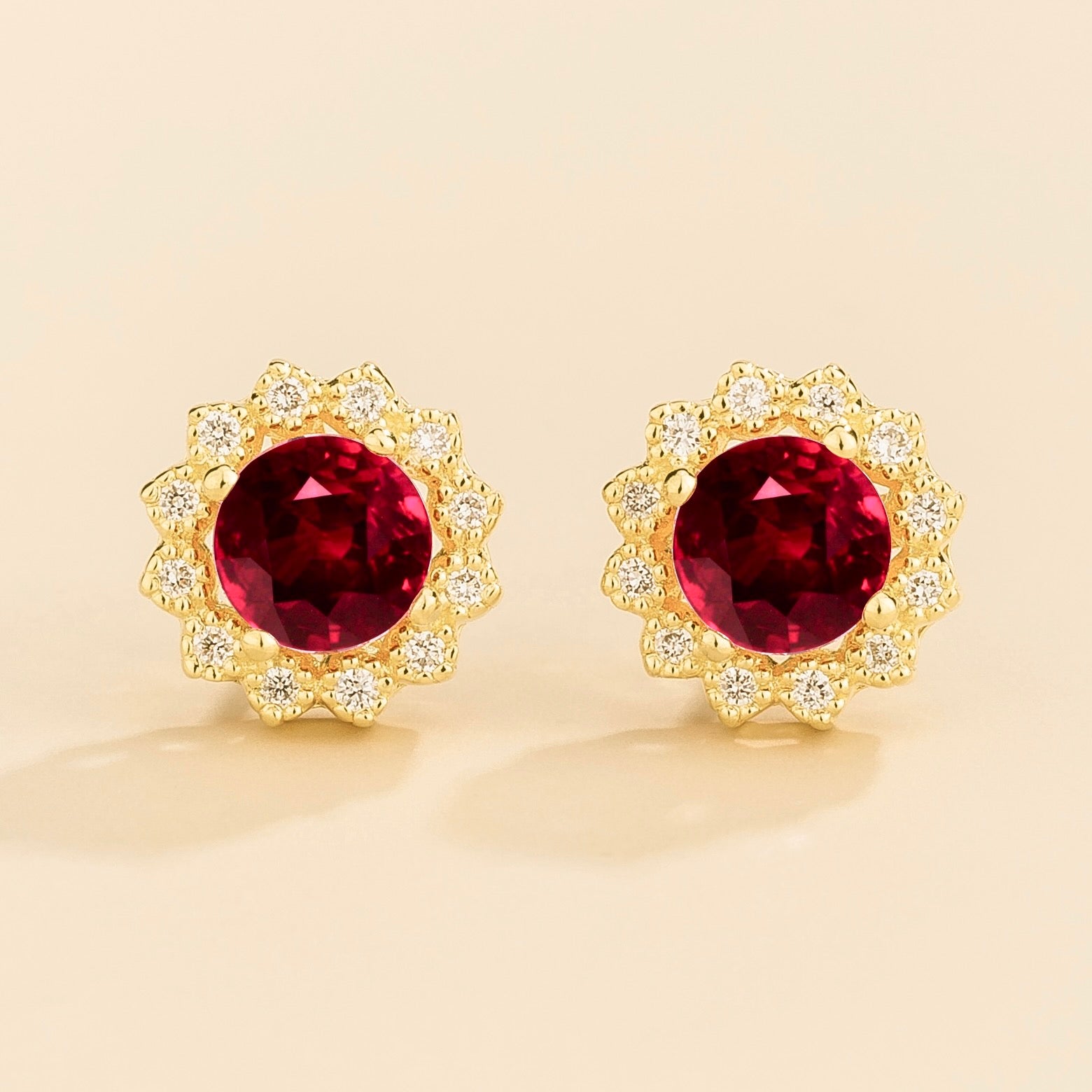 Solen Ruby Round & Diamond Halo Stud Earrings in Gold