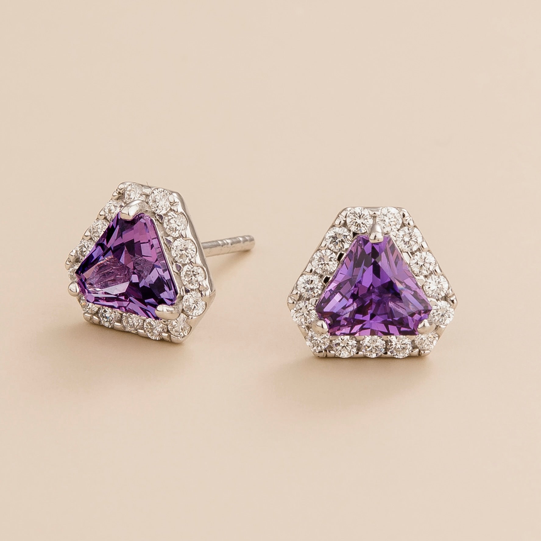 Diana Purple Sapphire Triangle Cut & Diamond Halo Stud Earrings in White Gold
