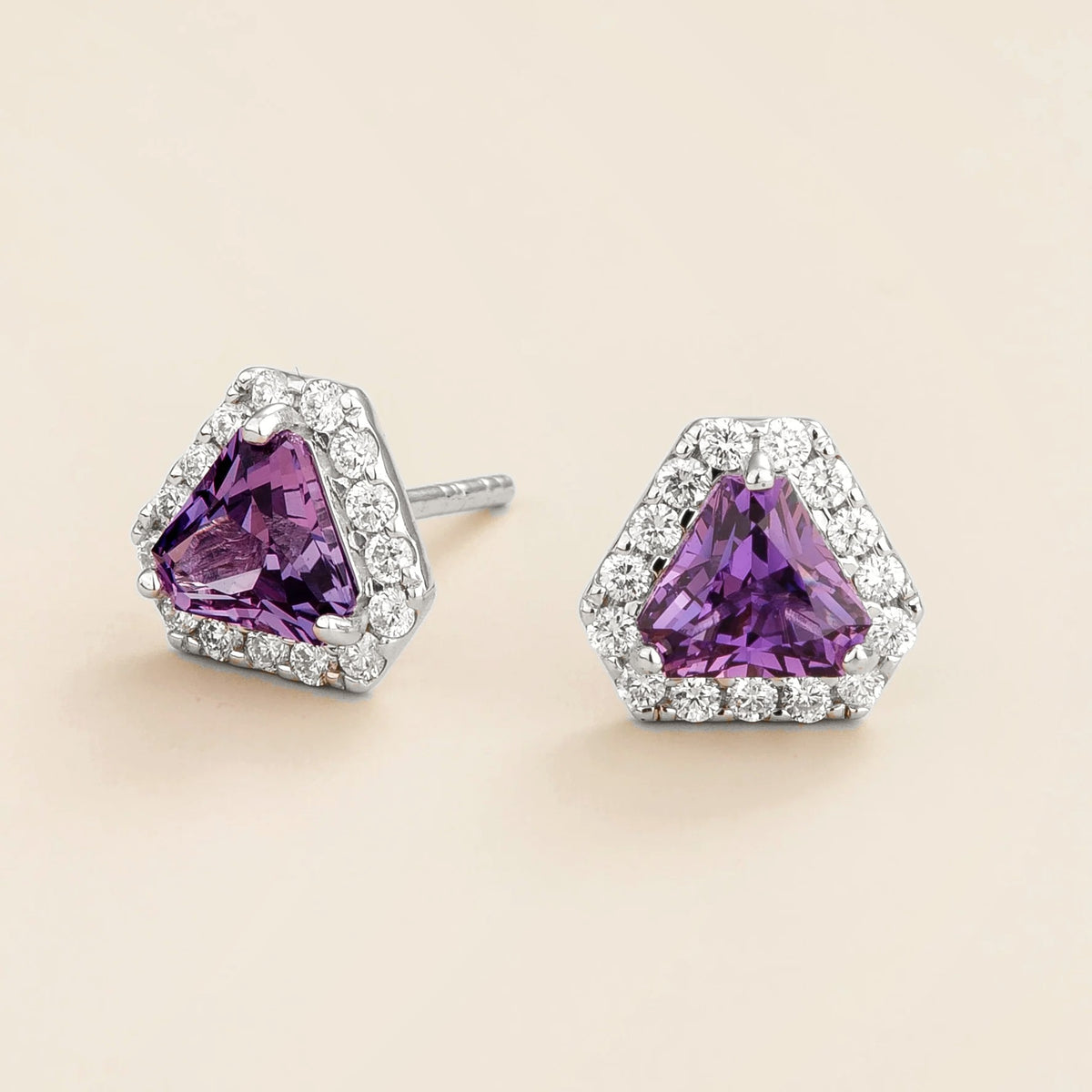 Purple Sapphire Triangle Cut & Diamond Halo Stud Earrings in White Gold