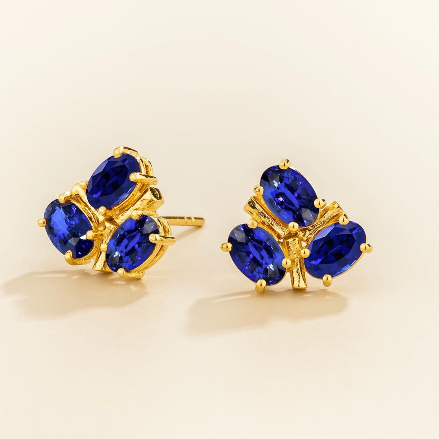Ligna Oval Blue Sapphire Cluster Stud Earrings in Gold