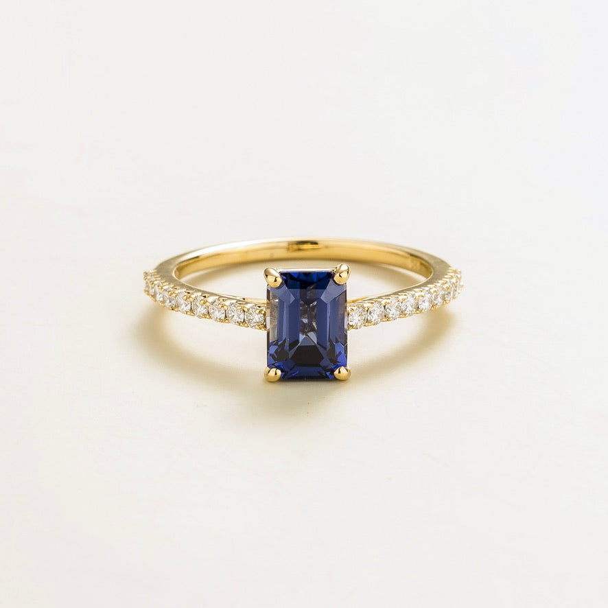 Chelle Blue Sapphire Emerald-Cut & Diamond Pavé Ring in Gold