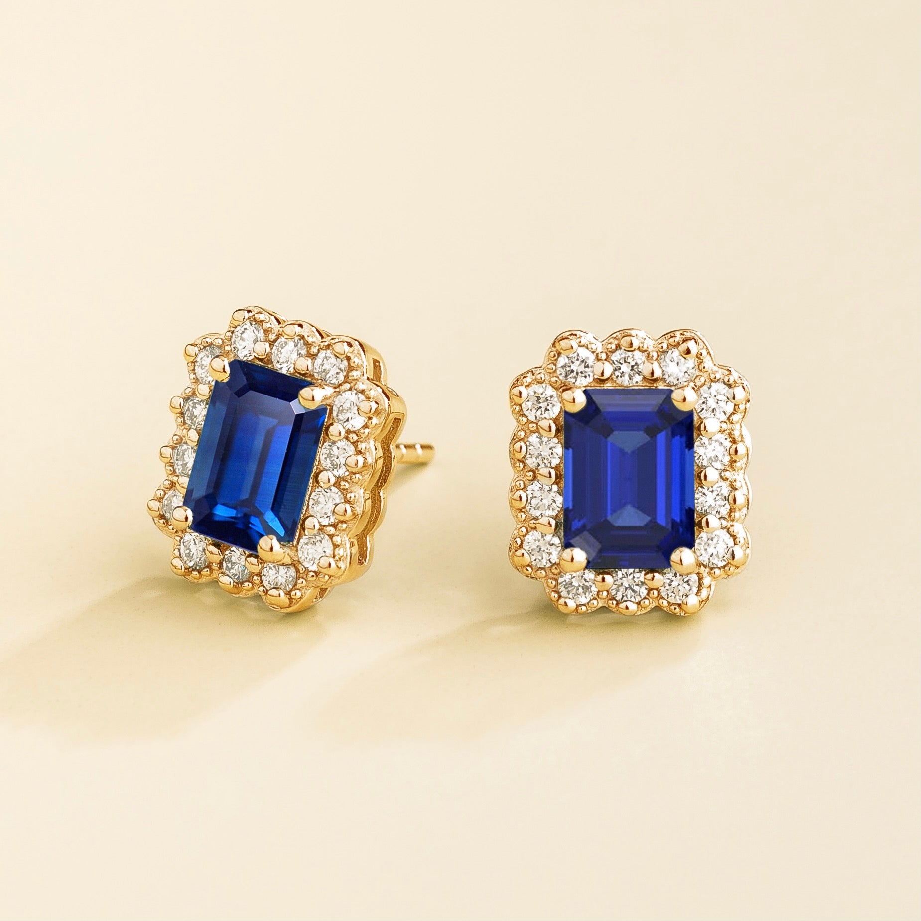 Verda Blue Sapphire Emerald-Cut & Diamond Halo Stud Earrings in Gold