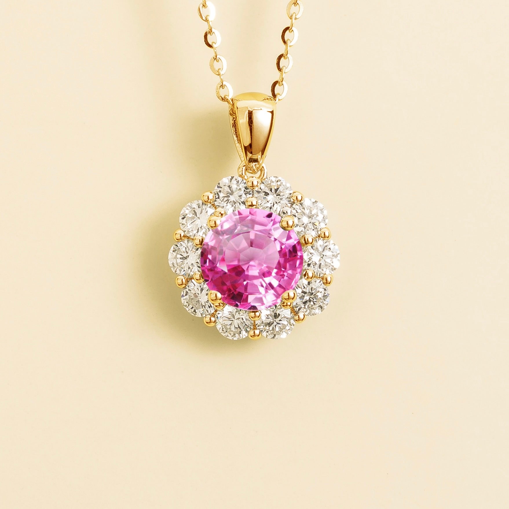 Floret Pink Sapphire Round & Diamond Halo Pendant Necklace in Gold
