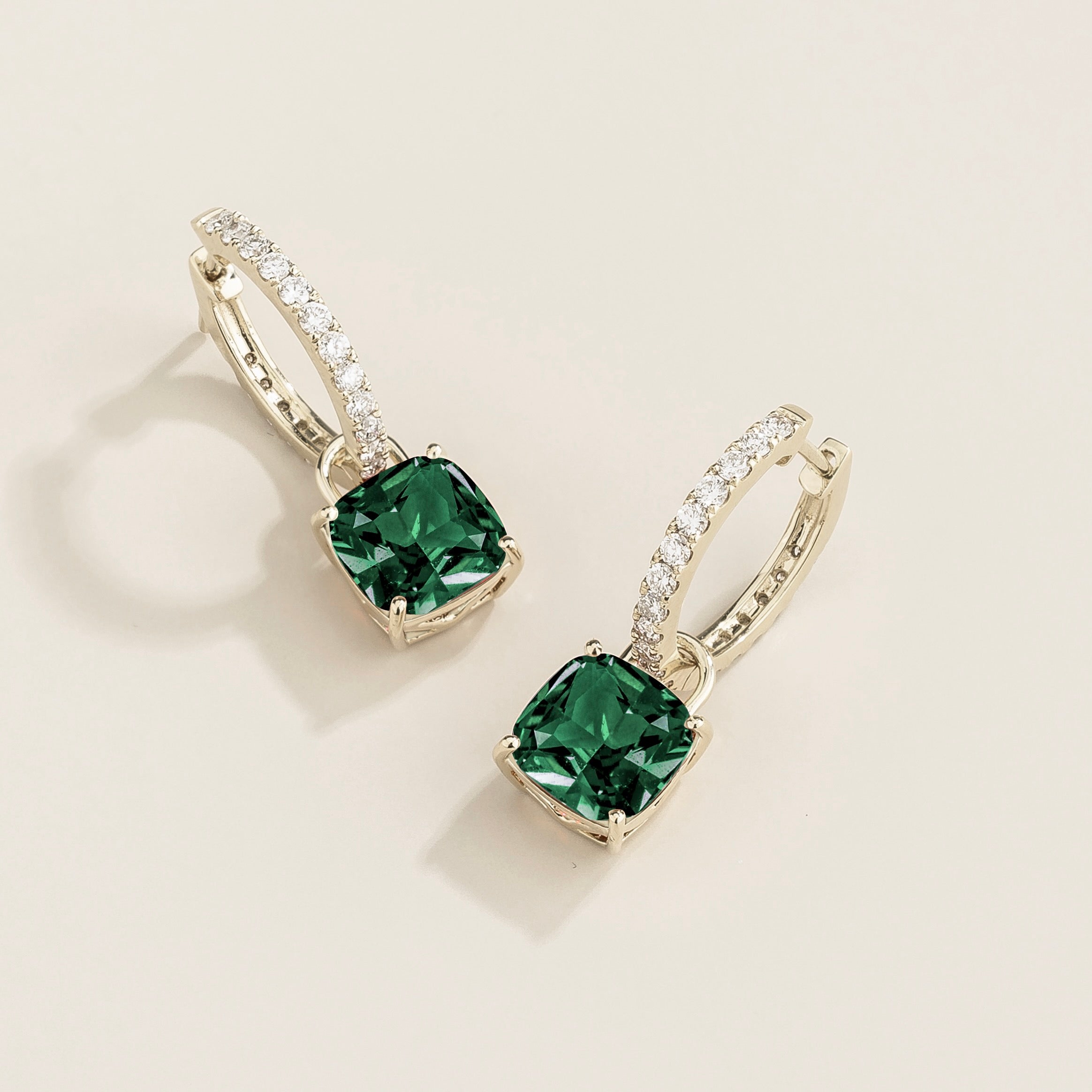 Oreol Emerald Cushion Cut & Diamond Hoop Drop Hoop Earrings in White Gold