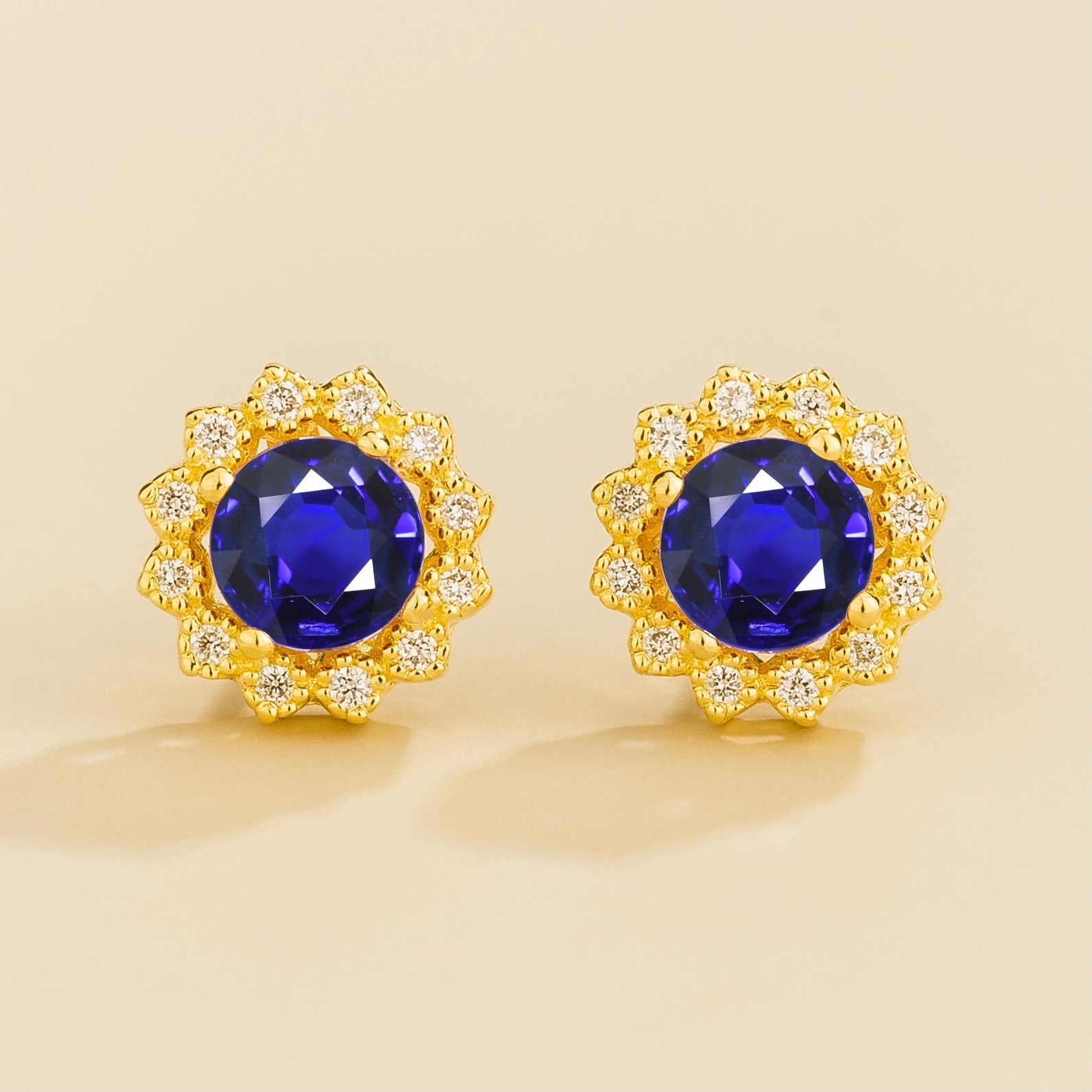 Solen Blue Sapphire Round & Diamond Halo Stud Earrings in Gold
