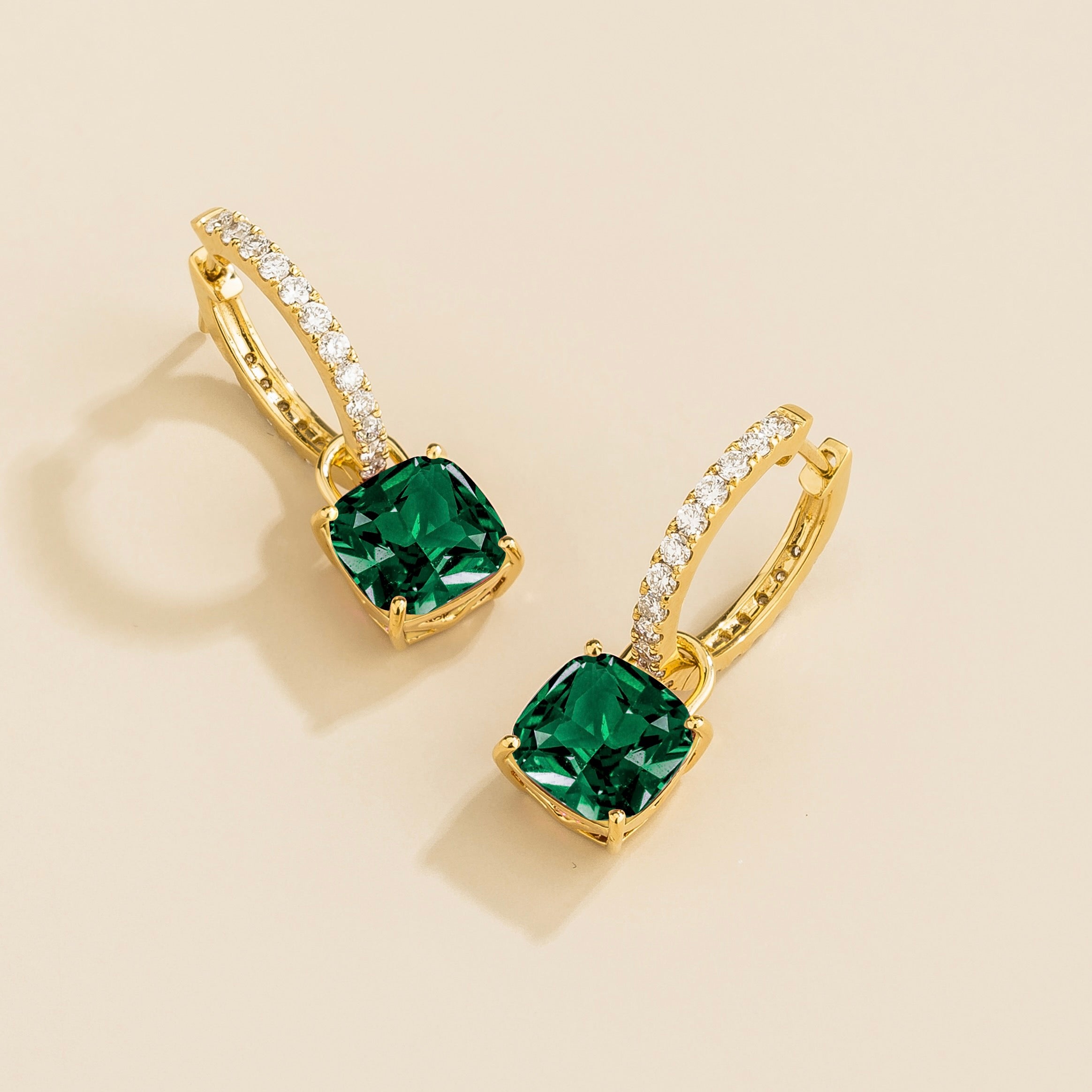 Oreol Emerald Cushion Cut & Diamond Hoop Drop Earrings in Gold