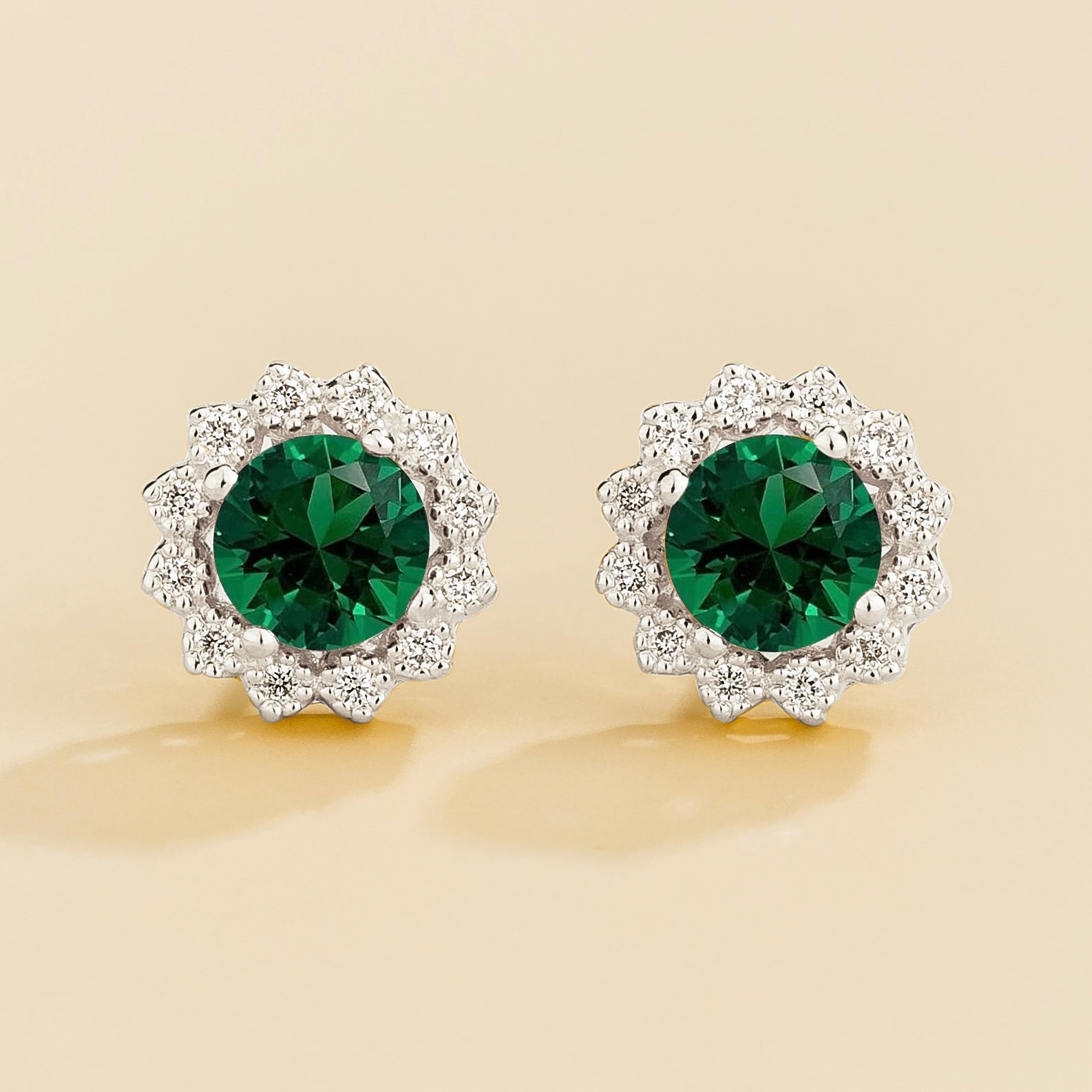 Solen Emerald Round & Diamond Halo Stud Earrings in White Gold