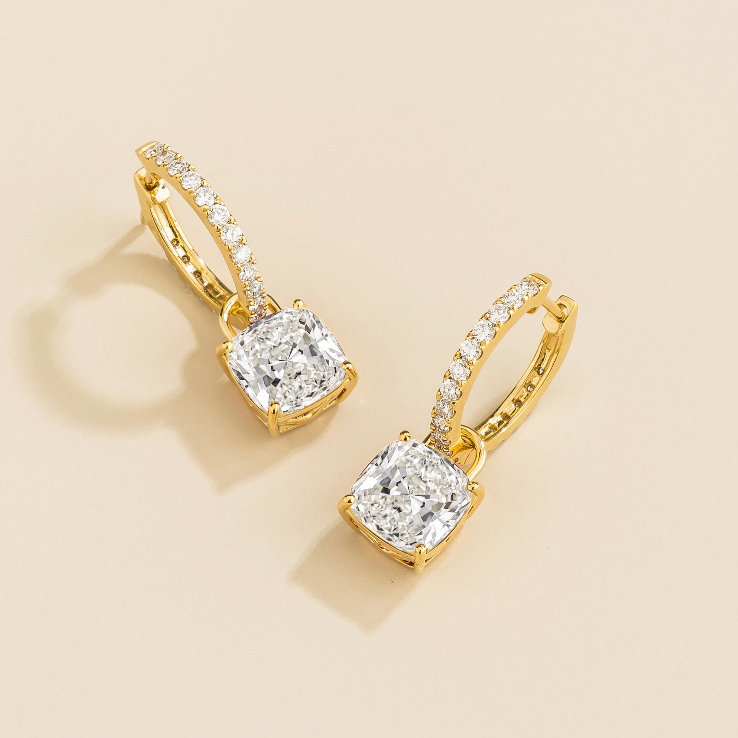 Oreol Diamond Cushion Cut & Hoop Drop Earrings in Gold