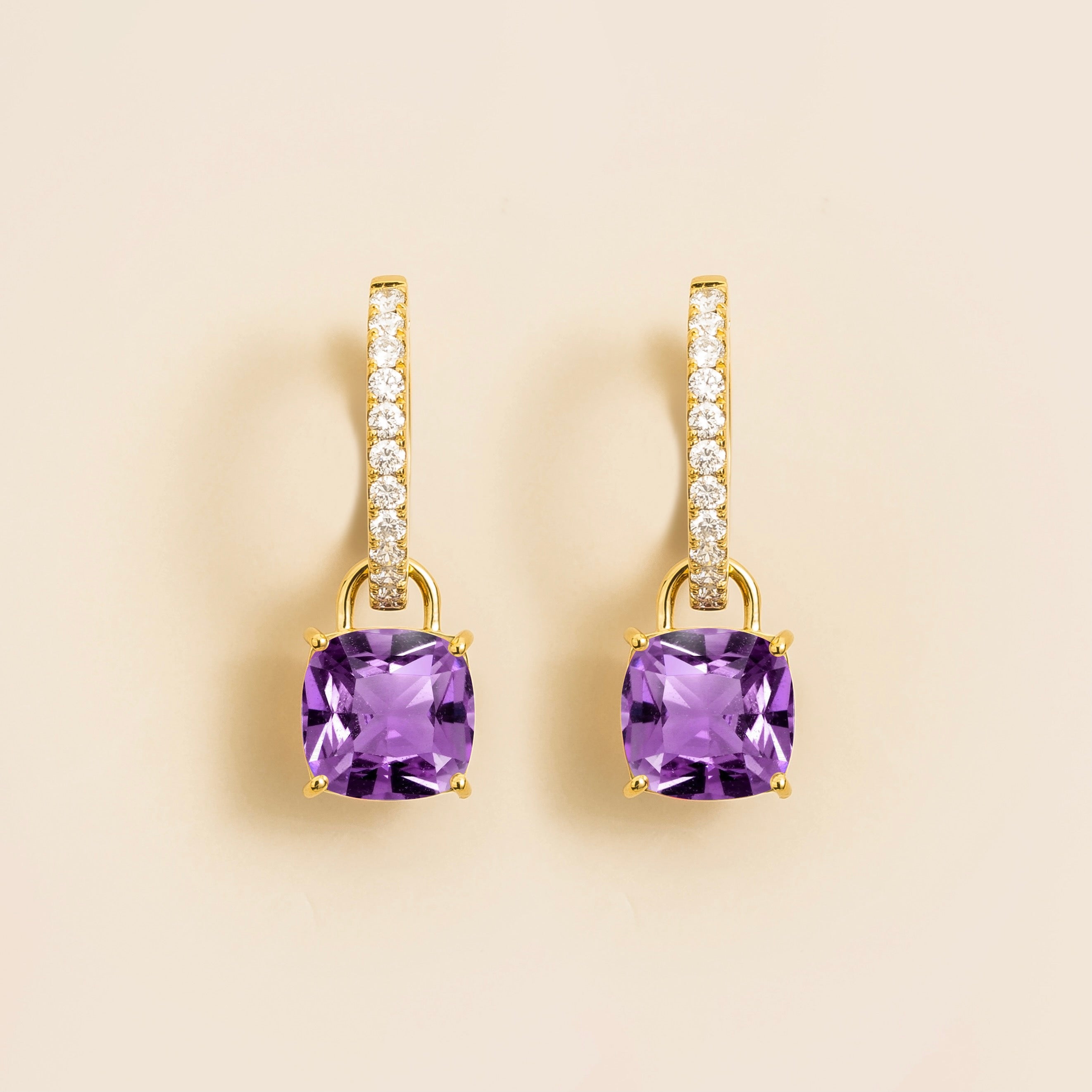 Oreol Purple Sapphire Cushion Cut & Diamond Hoop Drop Earrings in Gold
