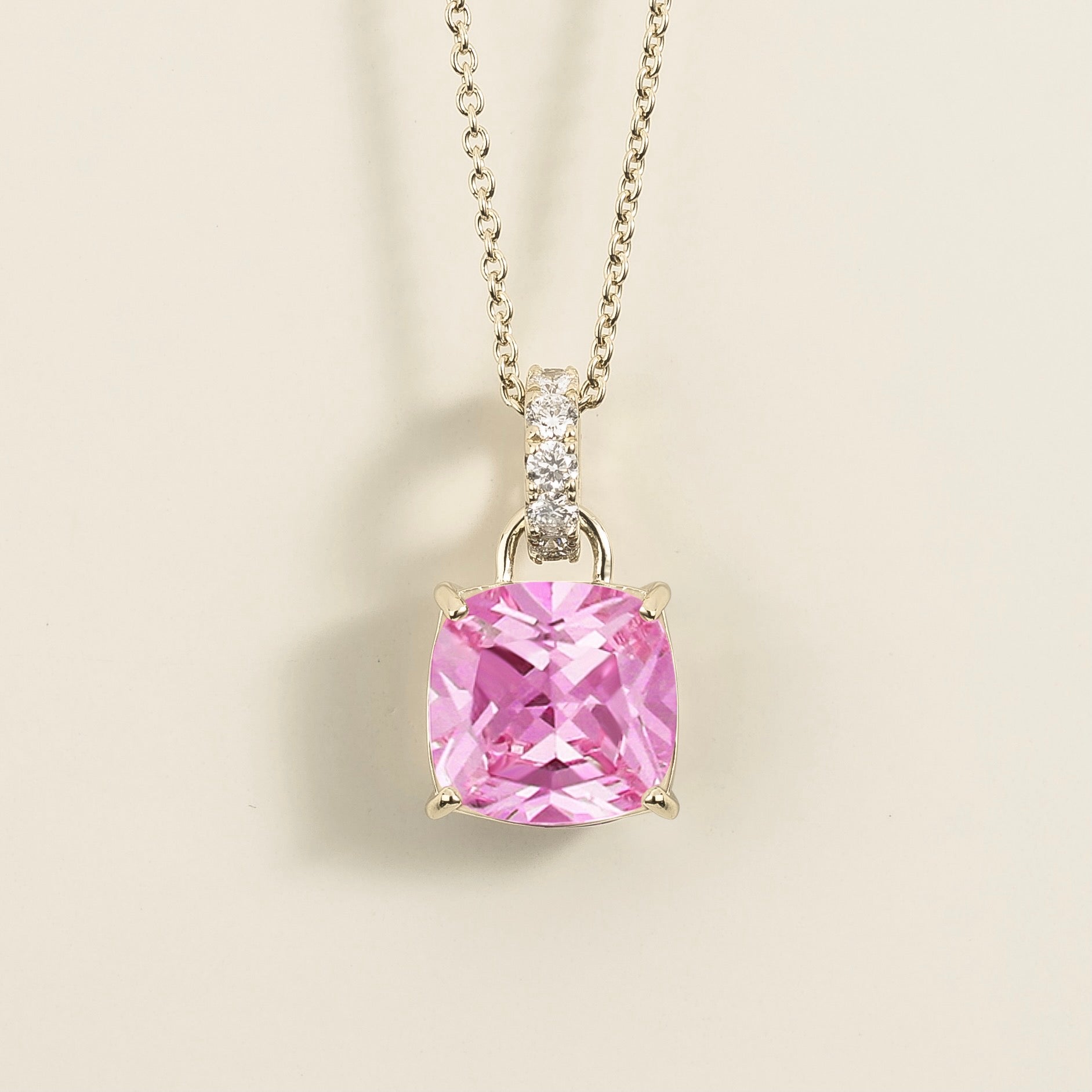 Oreol Pink Sapphire Cushion Cut & Diamond Hoop Pendant Necklace in White Gold