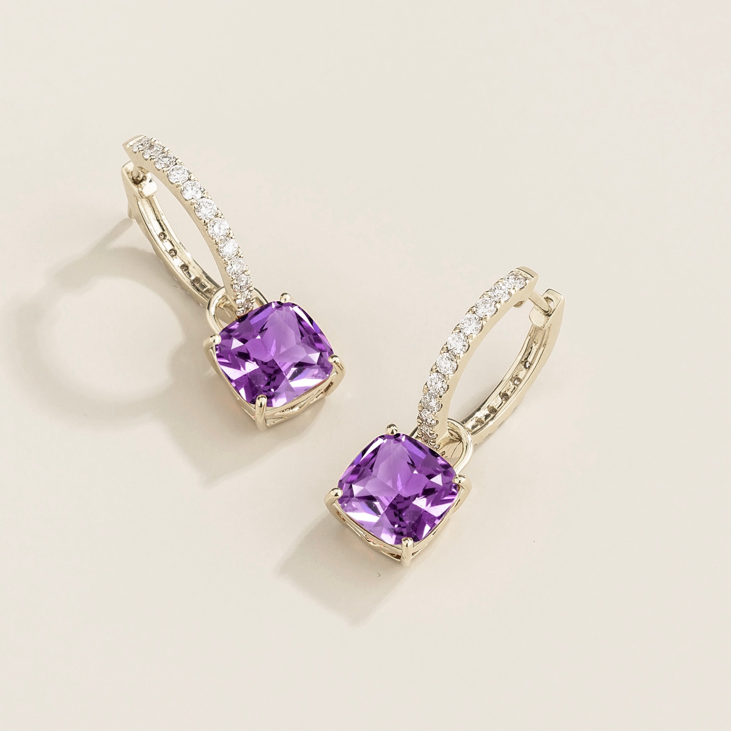Oreol Purple Sapphire Cushion Cut & Diamond Hoop Drop Hoop Earrings in White Gold
