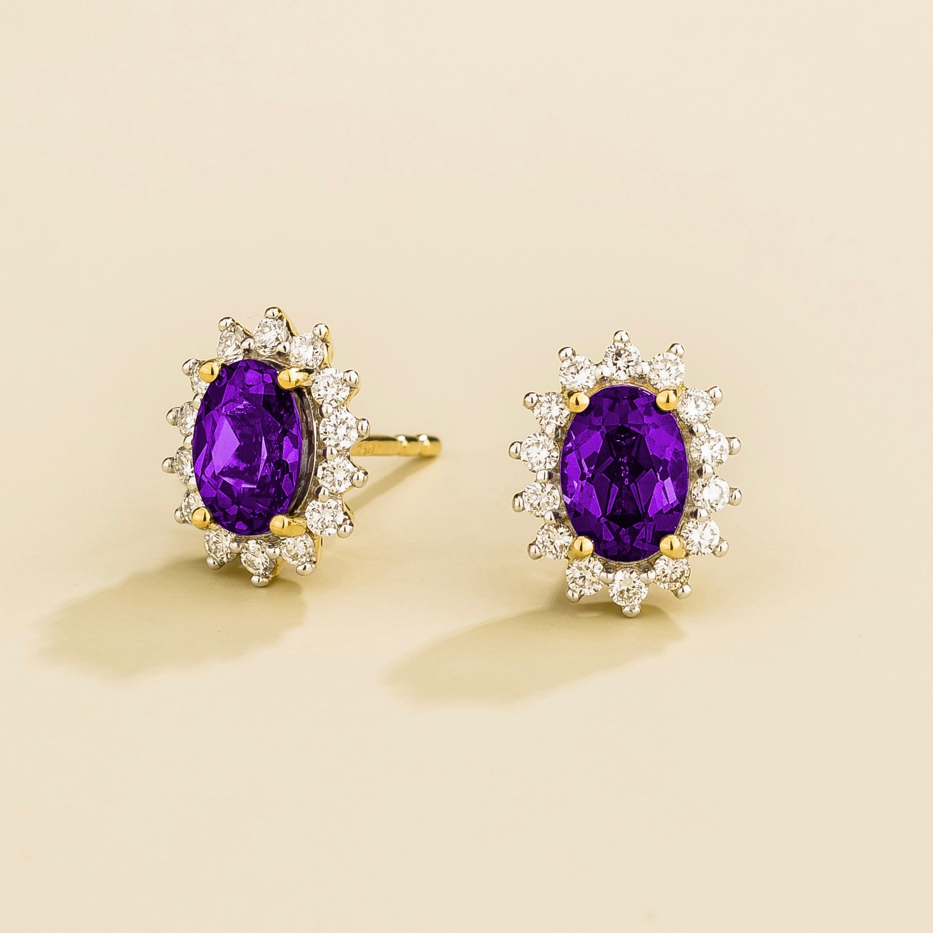 Divo Oval Purple Sapphire & Diamond Halo Gold Earrings
